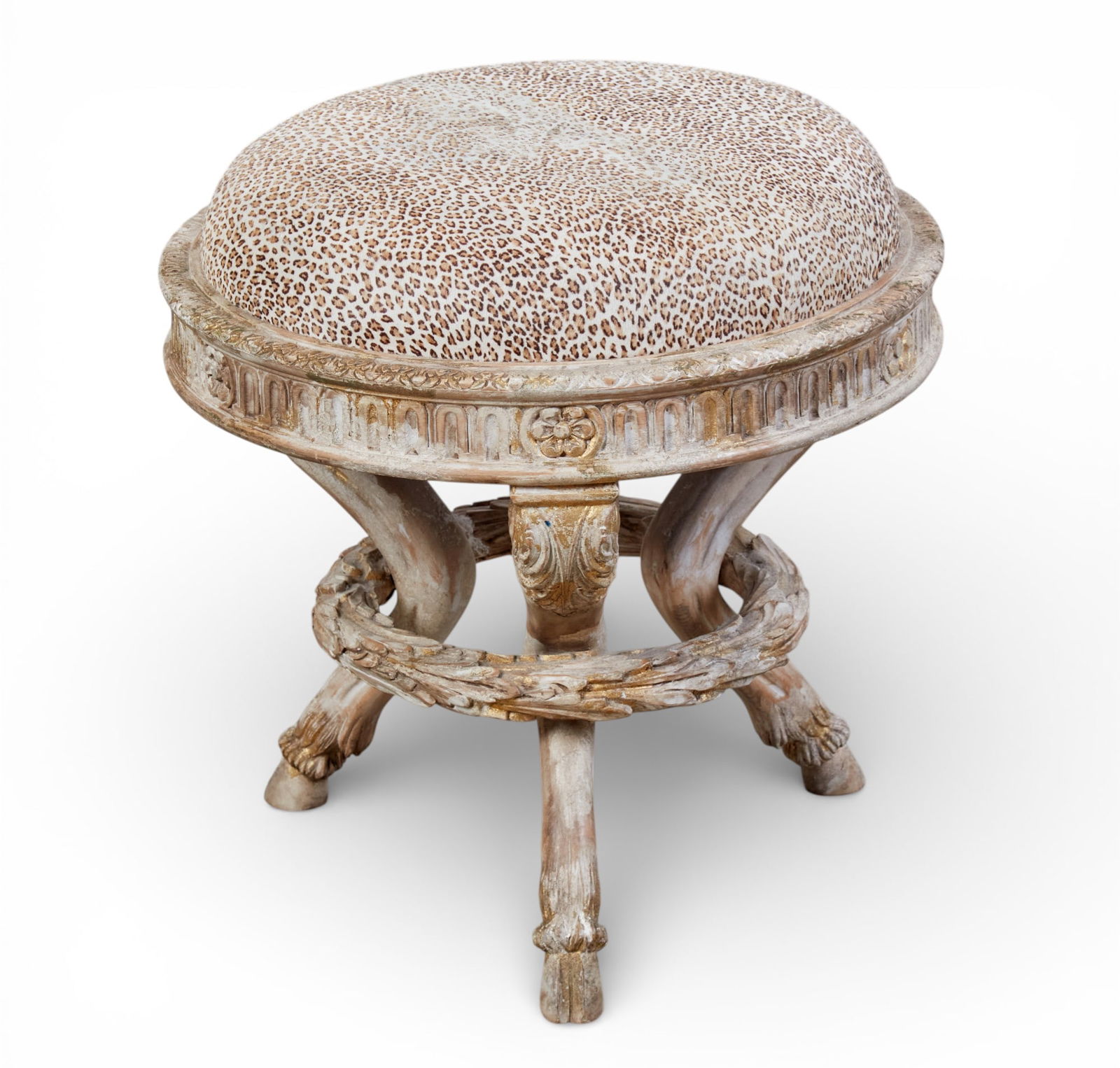 A Neoclassical style parcel paint decorated stool, modern: A Neoclassical style parcel paint decorated stool modern height 21in (53cm); diameter 20in (51cm)