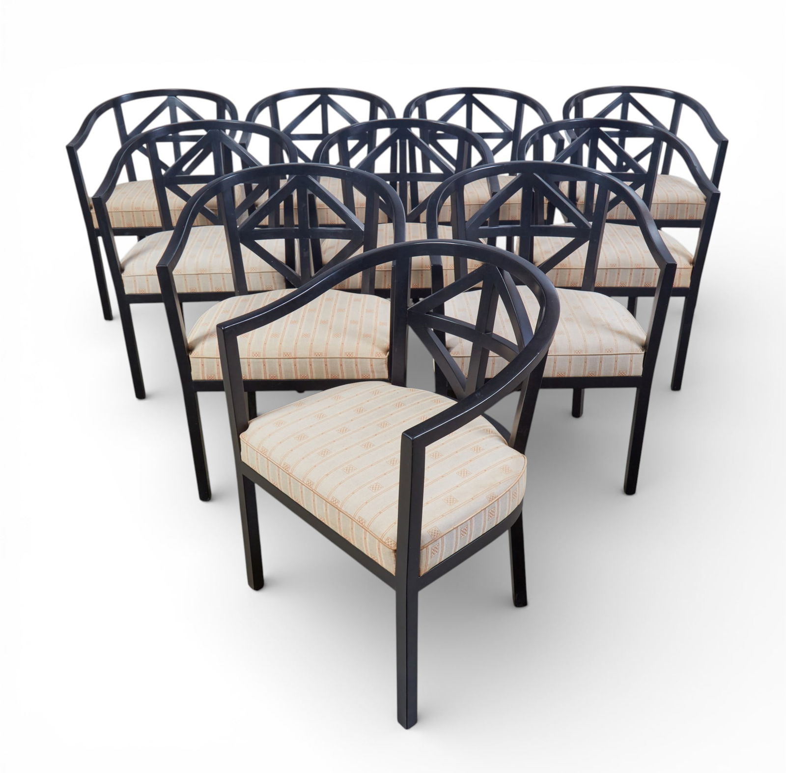 A set of ten Josef Hoffmann for Wittmann ebonized Villa Ast chairs, late 20th century: A set of ten Josef Hoffmann for Wittmann ebonized Villa Ast chairs late 20th century With maker's plaque to underside. height 32 1/2in (82.5cm); width 24in (61cm); depth of seat 19 1/2in (50cm)