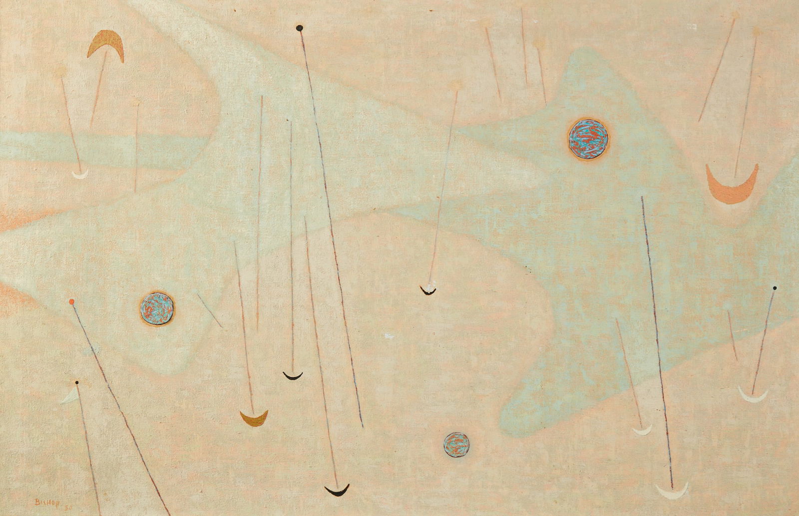 James Bishop (American, 1927-2021), Abstract forms, 1950, oil on canvas, 26 x 40in (66 x 101.5cm): James Bishop(American, 1927-2021)Abstract forms, 1950oil on canvassigned lower left Bishop and dated26 x 40in (66 x 101.5cm)