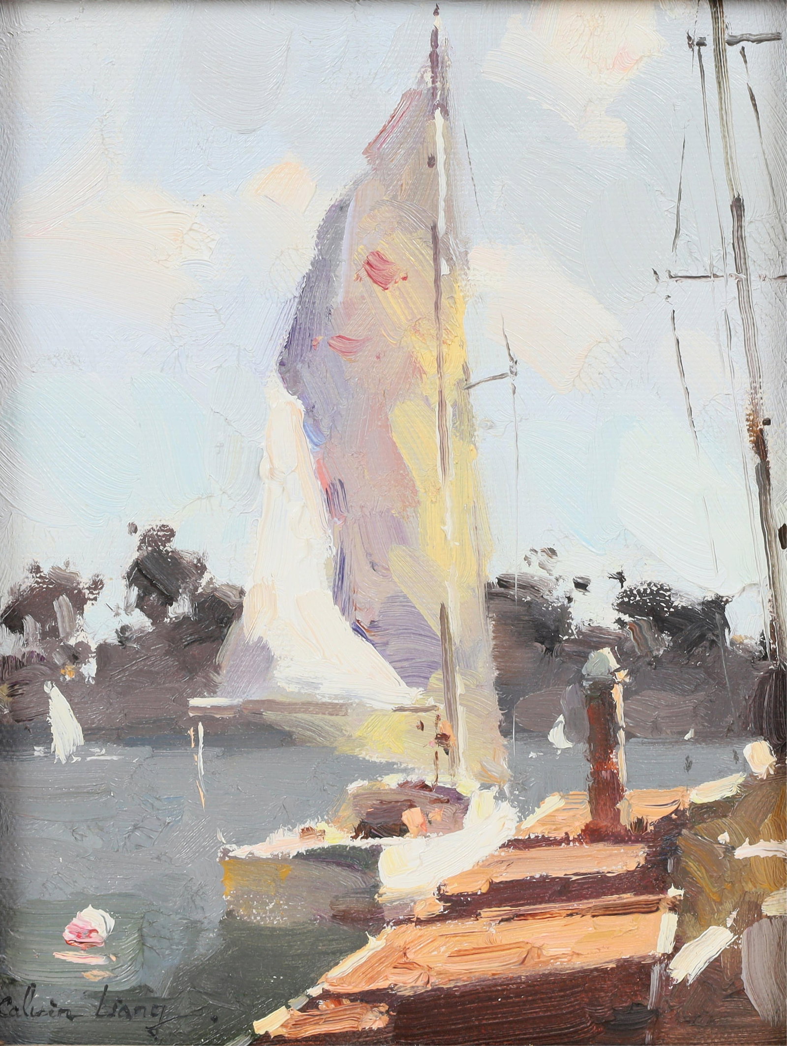 Calvin Liang (Chinese/American, b. 1960), Sailboat at dock, oil on canvas, 8 x 6in (20 x 15cm): Calvin Liang(Chinese/American, b. 1960)Sailboat at dockoil on canvassigned lower left Calvin Liang8 x 6in (20 x 15cm)