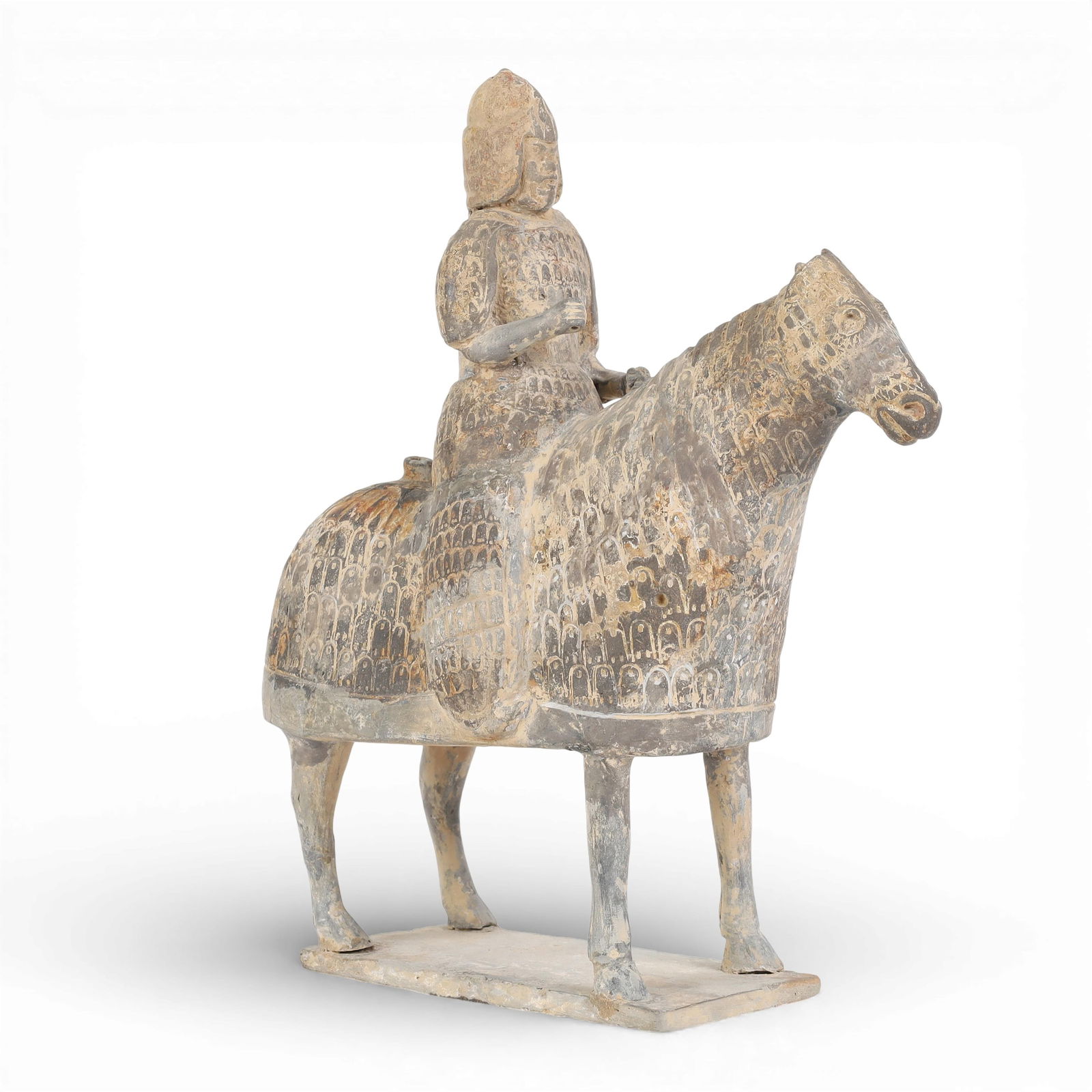 A Chinese pottery model of a horse and rider: A Chinese pottery model of a horse and riderheight 11 1/4in (28.5cm); length 9 1/2in (24cm); width 4in (10cm) Provenance:Property from the Preiser Collection.