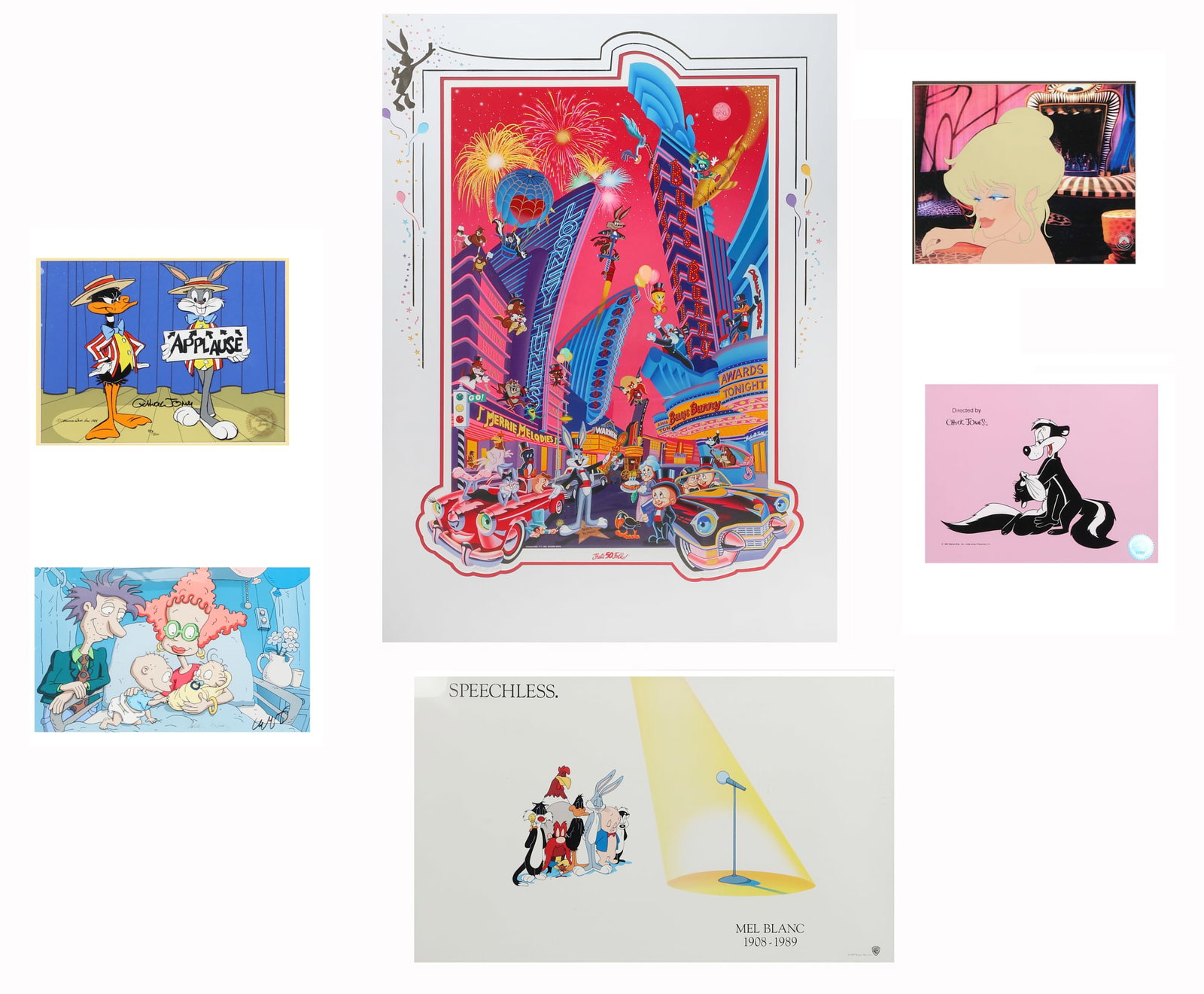 A group of six Looney Tune and other related framed cels and illustrations: A group of six Looney Tune and other related framed cels and illustrationslot includes: Pepe LePew, Bugs Bunny, Daffy Duck, The Pickles Family, from The Rugrats, together with many others.largest: 45