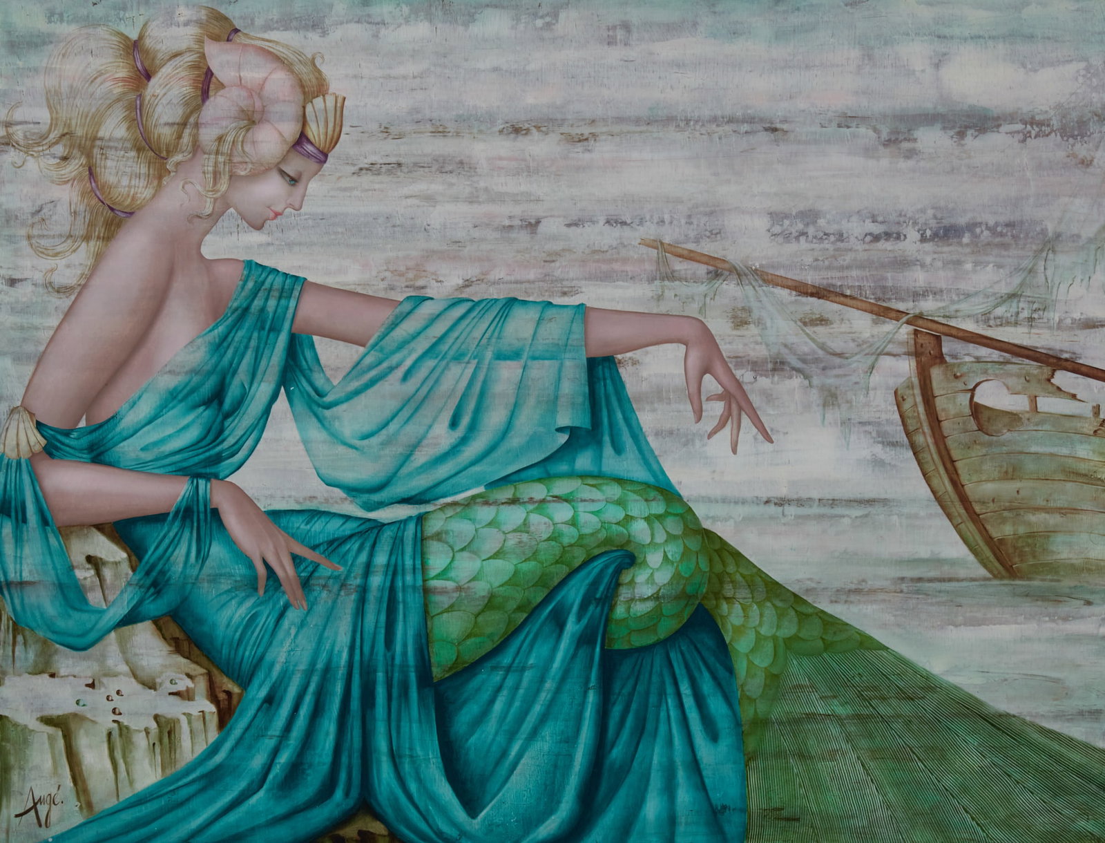 Philippe Auge (France, b. 1935), Mermaid at rest, oil on canvas, 36 x 47in (91 x 119cm): Philippe Auge(France, b. 1935)Mermaid at restoil on canvassigned to lower left.36 x 47in (91 x 119cm) Provenance:Property from the Collection of Loni Anderson