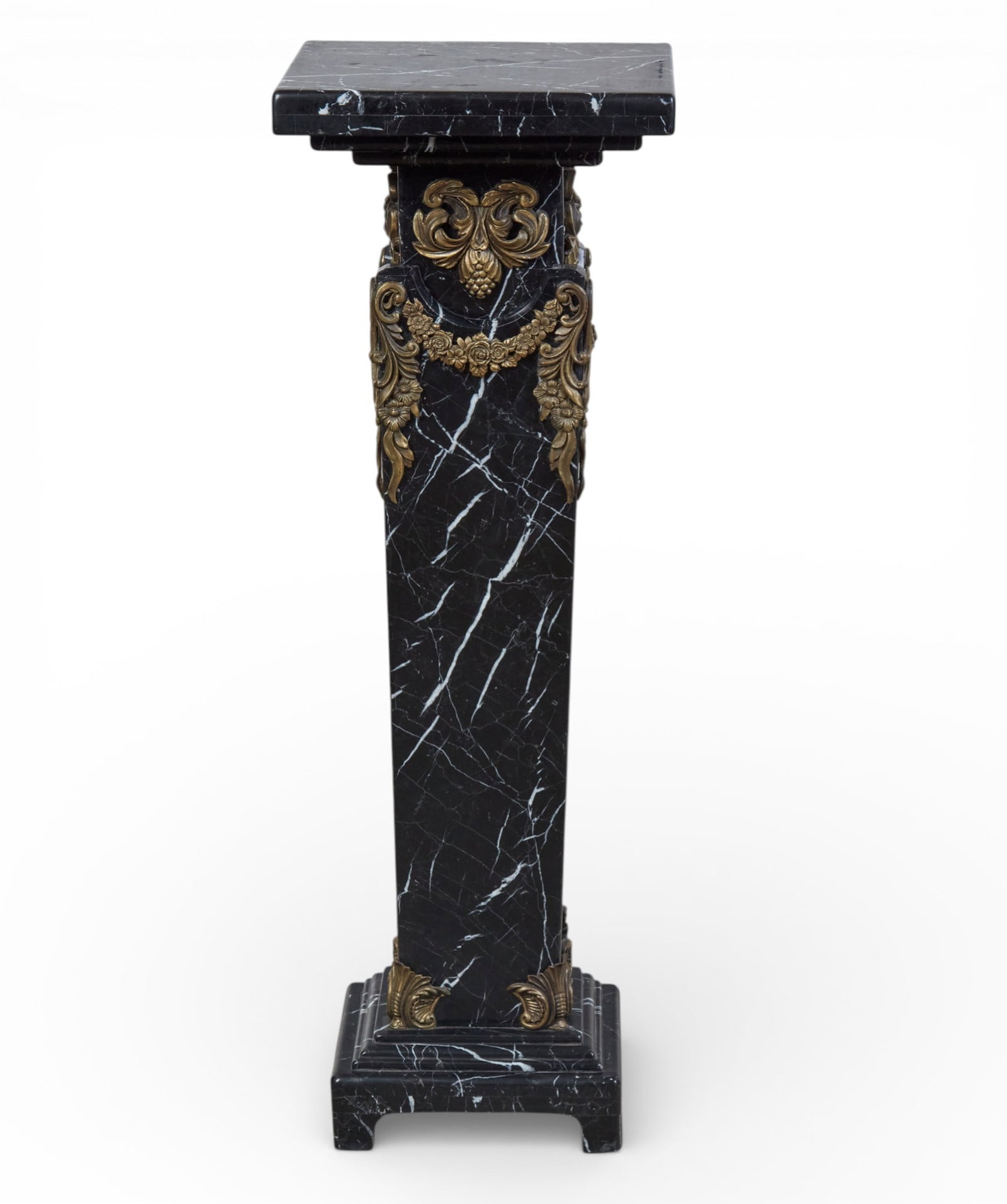 A Louis XVI style gilt bronze mounted nero marquina marble tapered square pedestal, modern: A Louis XVI style gilt bronze mounted nero marquina marble tapered square pedestal modern height 40 1/4in (100.5cm); width 14in (35cm) square Provenance: Property from a Private Collection, Beverly
