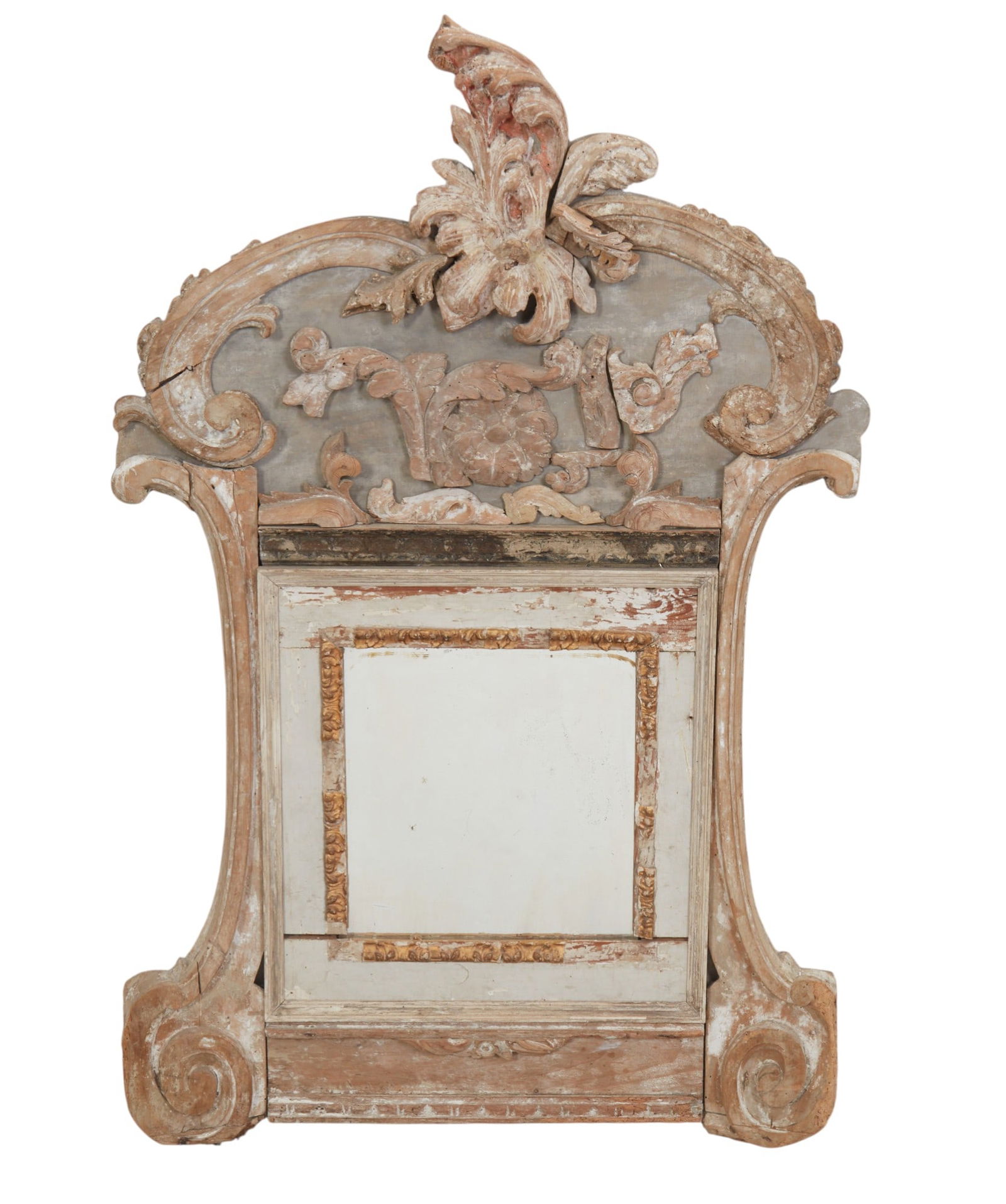 A Continental Baroque style parcel gilt and paint decorated mirror: A Continental Baroque style parcel gilt and paint decorated mirror composed of antique and later elements height 60in (152cm); width 42in (107cm)