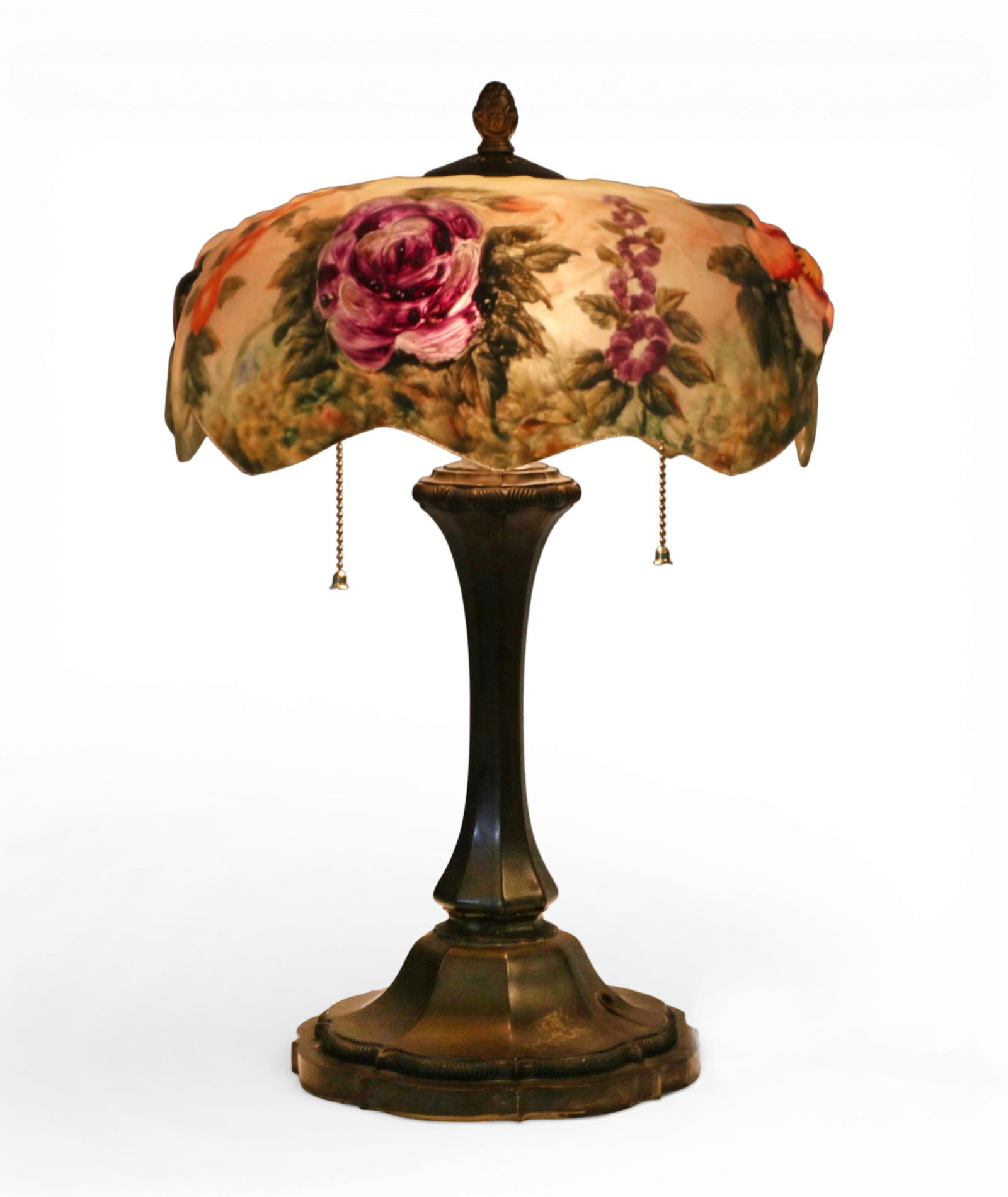 A reverse painted Puffy glass floral lamp shade on associated Pairpoint patinated metal base (1 of 13)