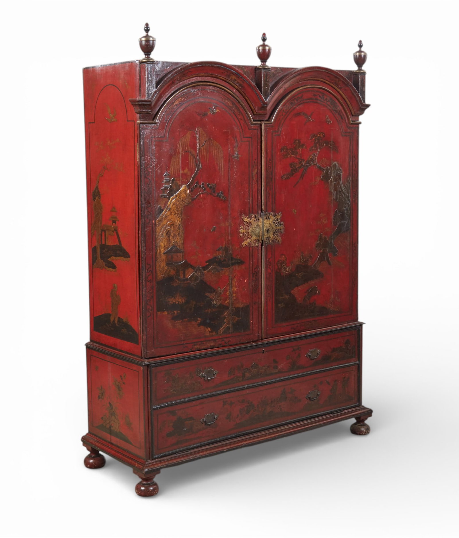 A Queen Anne style scarlet lacquered Chinoiserie decorated cabinet on chest (1 of 14)