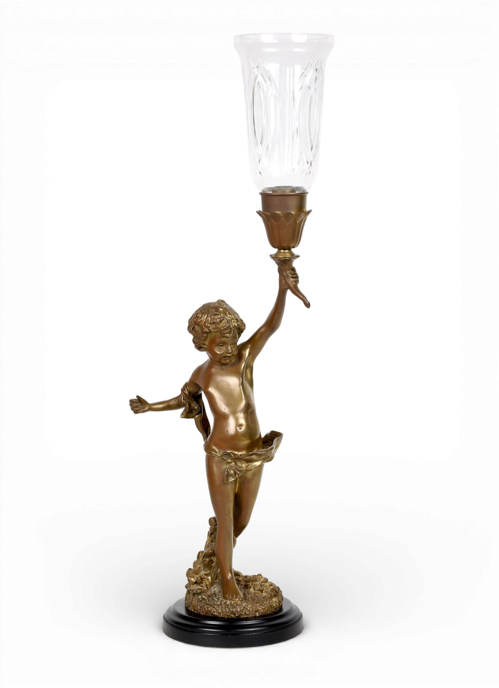 A bronze figural candlestick, Post 1950: A bronze figural candlestickPost 1950With glass shade.height 30in(76cm); diameter 9 1/2in (24cm)