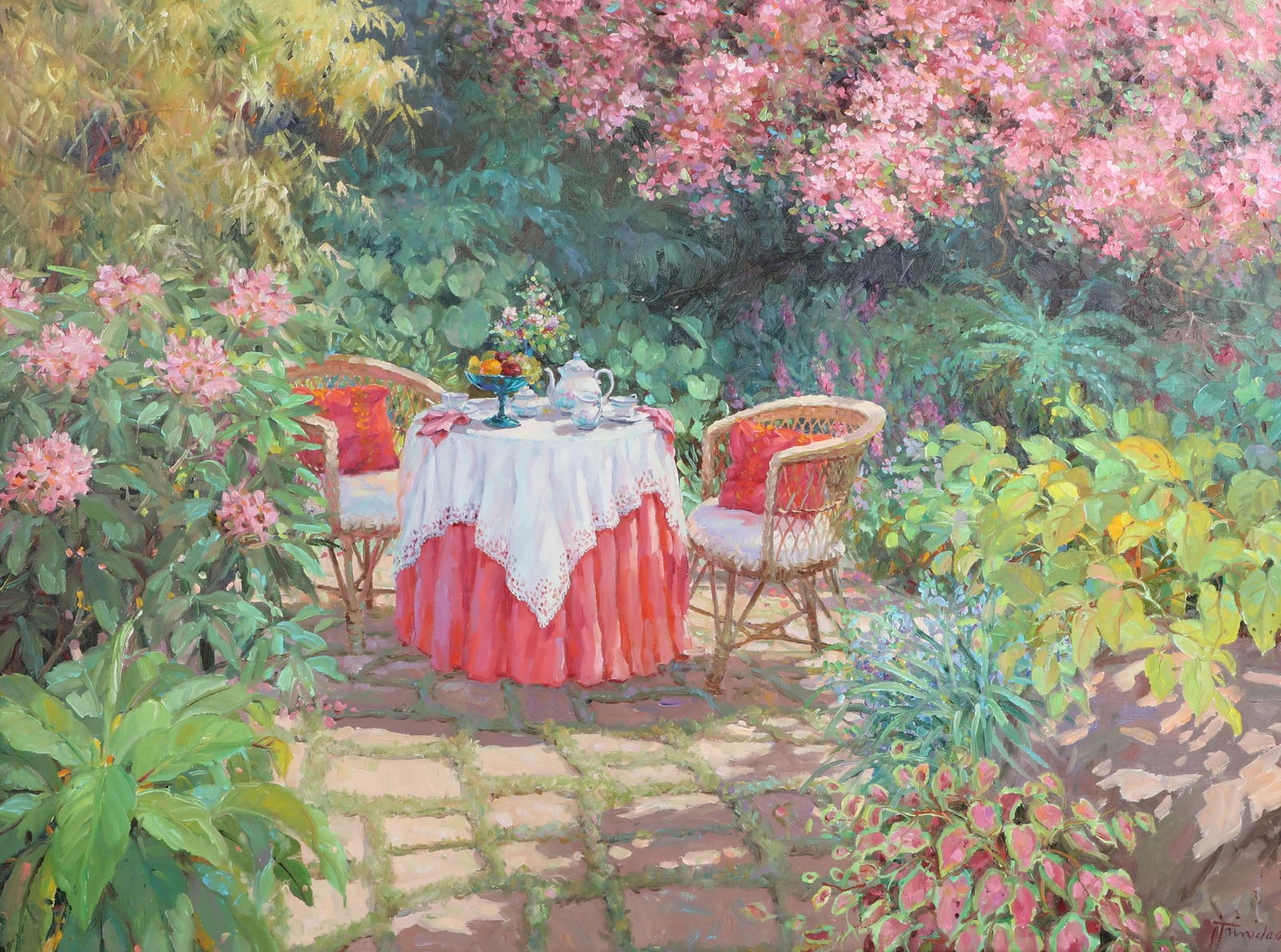 I. Trinidad (American, 20th century), Garden Tea, oil on canvas, 30 x 40in (76 x 101cm): I. Trinidad (American, 20th century) Garden Tea oil on canvas signed to lower right 30 x 40in (76 x 101cm) Provenance: Property from the Collection of Loni Anderson