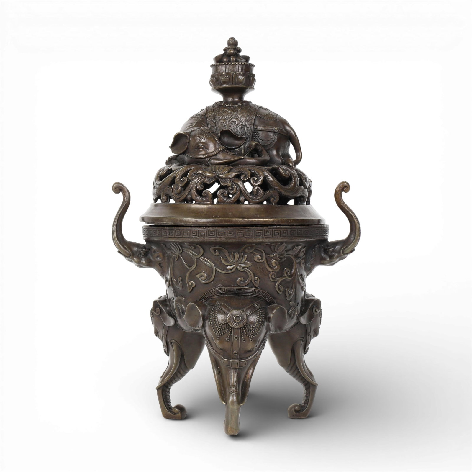 A Chinese bronze censer: A Chinese bronze censer with square impressed four character seal mark to underside. height 13 1/2in (34cm); width handle to handle 9in (22.5cm); depth 6 1/2in (16cm) Provenance: Property from the