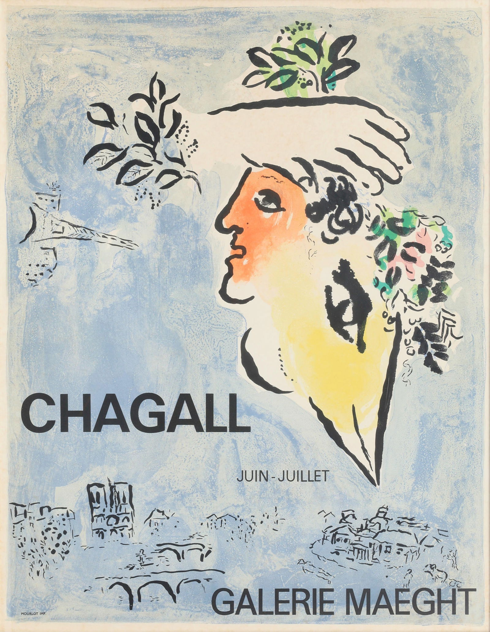 After Marc Chagall (Belarus, 1887-1985), Le Ciel Bleu, 1964, lithograph in colors: After Marc Chagall(Belarus, 1887-1985)Le Ciel Bleu, 1964lithograph in colors on wove paperprinted by Mourlot, Paris; published as a poster in 1964 for the Chagall exhibition at the Galerie Maeght, Par