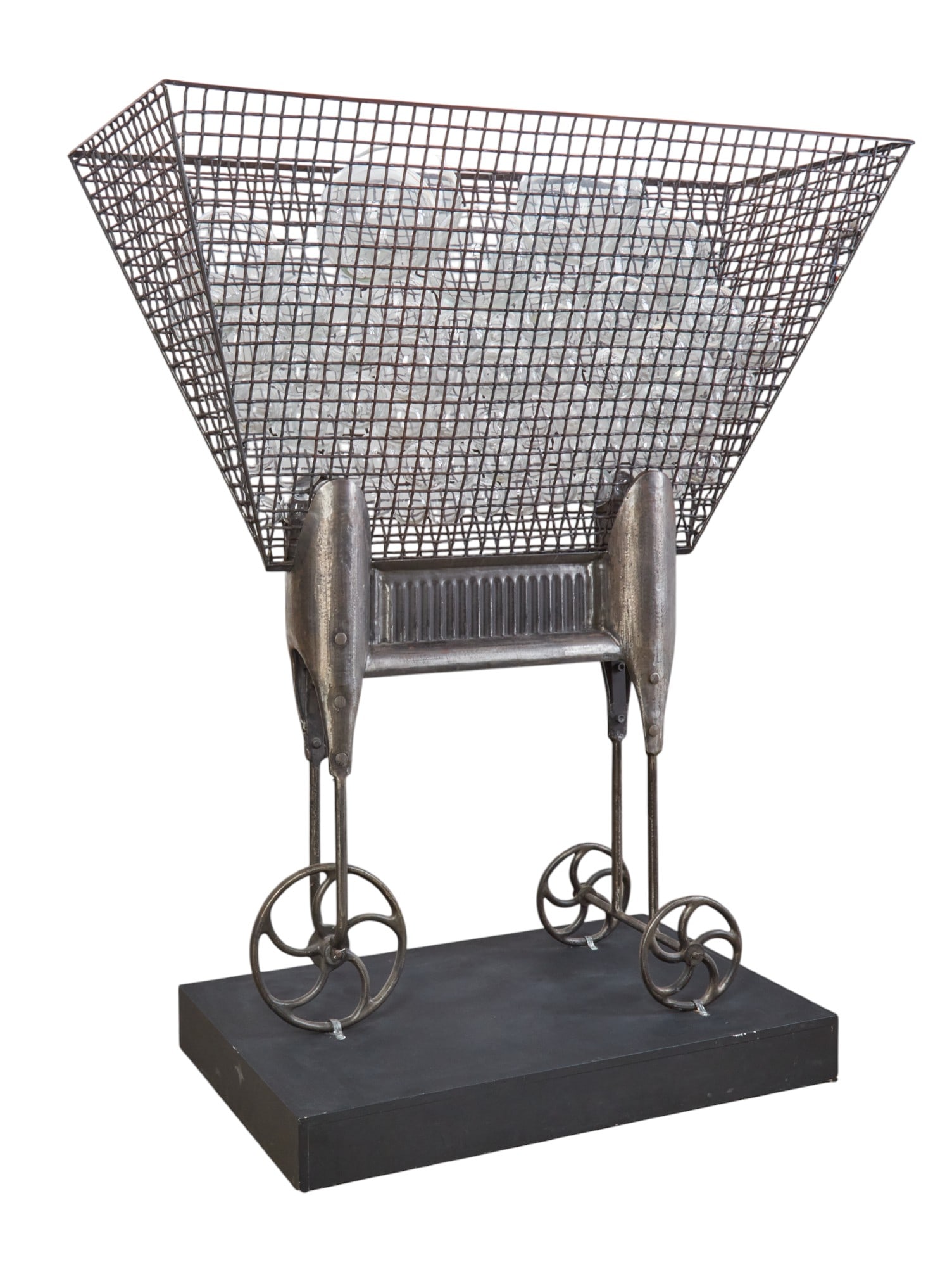 Bella Tabak Feldman (American, 1930-2024), Carte Blanche, 1995, zinc-plated steel, blown glass: Bella Tabak Feldman(American, 1930-2024)Carte Blanche, 1995zinc-plated steel, blown glassstamped BELLA to body of cartheight of sculpture 73 x 65 x 24in (185 x 165 x 61cm)