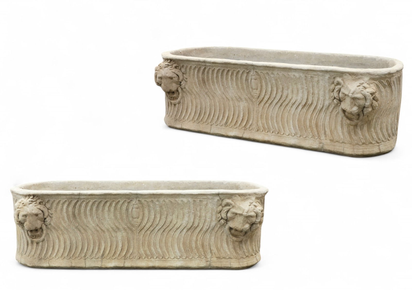 Two Roman style labrum form jardinieres, post 1950: Two Roman style labrum form jardinierespost 1950height 20 1/2in (52cm); width 69in (175cm); depth 24in (61cm) Provenance:Sold in these Rooms, 29 January 2025, lot 353.