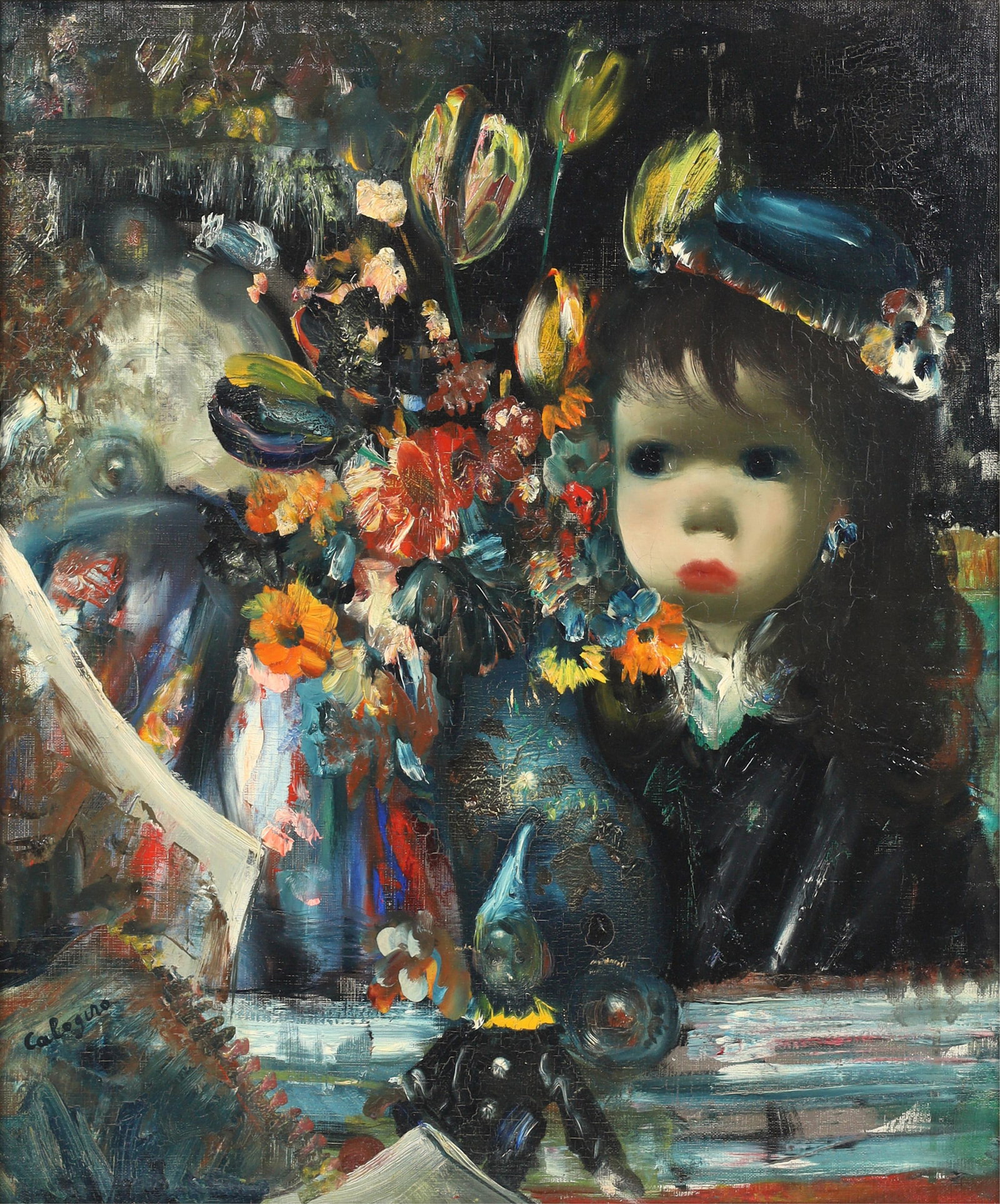 Jean Calogero (Sicilian, 1922-2001), Girl with flowers, oil on canvas, 22 x 18in (56 x 46cm): Jean Calogero(Sicilian, 1922-2001)Girl with flowersoil on canvassigned lower left Calogero22 x 18in (56 x 46cm) Provenance:Property from the Collection of Joan and Edw