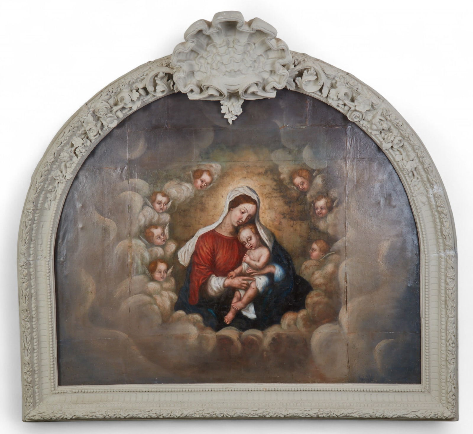 Continental School (18th century), The Virgin & Child with the Angels, arched oil on canvas (1 of 9)