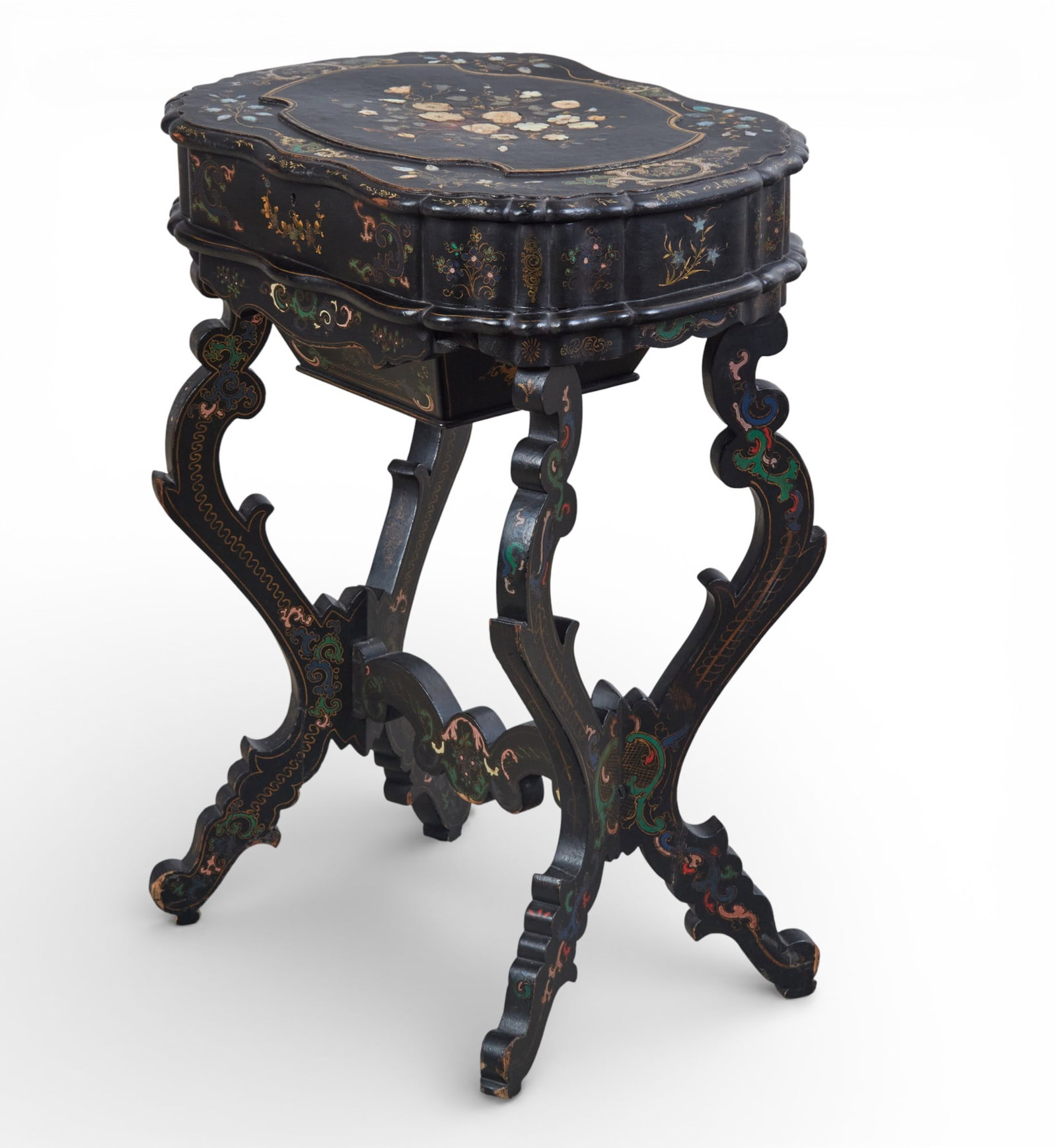 A Victorian ebonized paint decorated and shell inlaid work table, late 19th century (1 of 13)