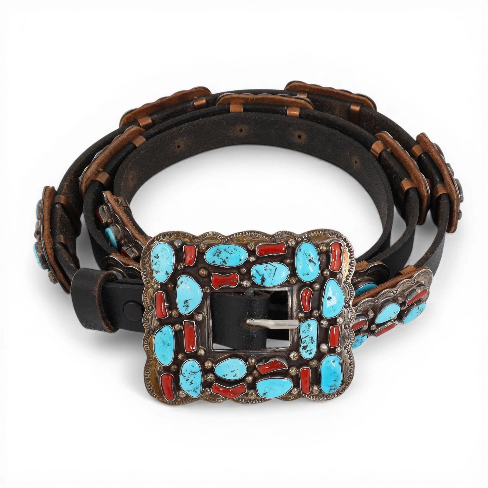 A sterling silver concho belt with turquoise and agate decorations (1 of 5)