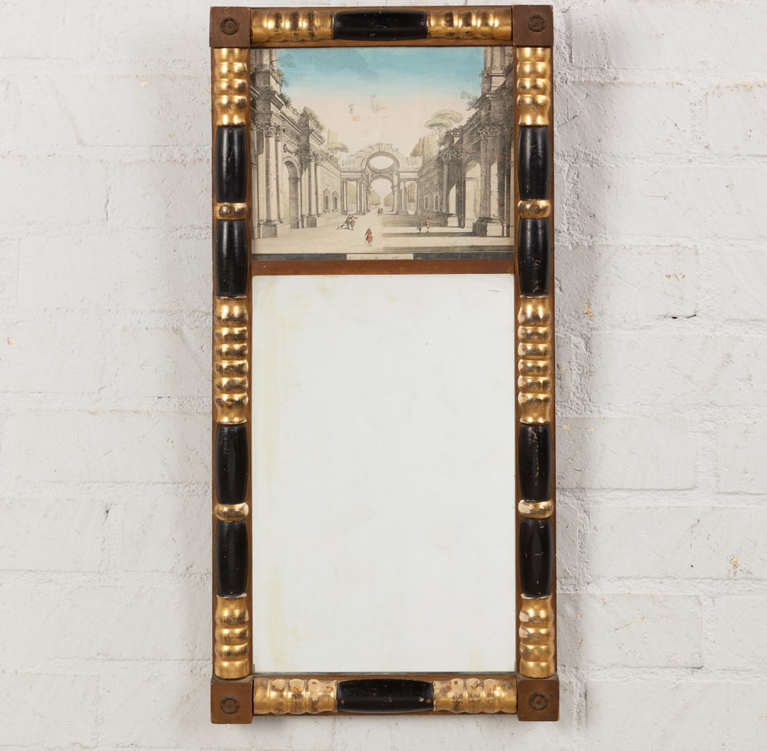 A late Federal parcel gilt and ebonized mirror second quarter 19th century: A late Federal parcel gilt and ebonized mirror second quarter 19th century The eglomise panel now replaced by a hand colored engraving. height 31 1/2in (80cm); width 15 1/4in (39cm)