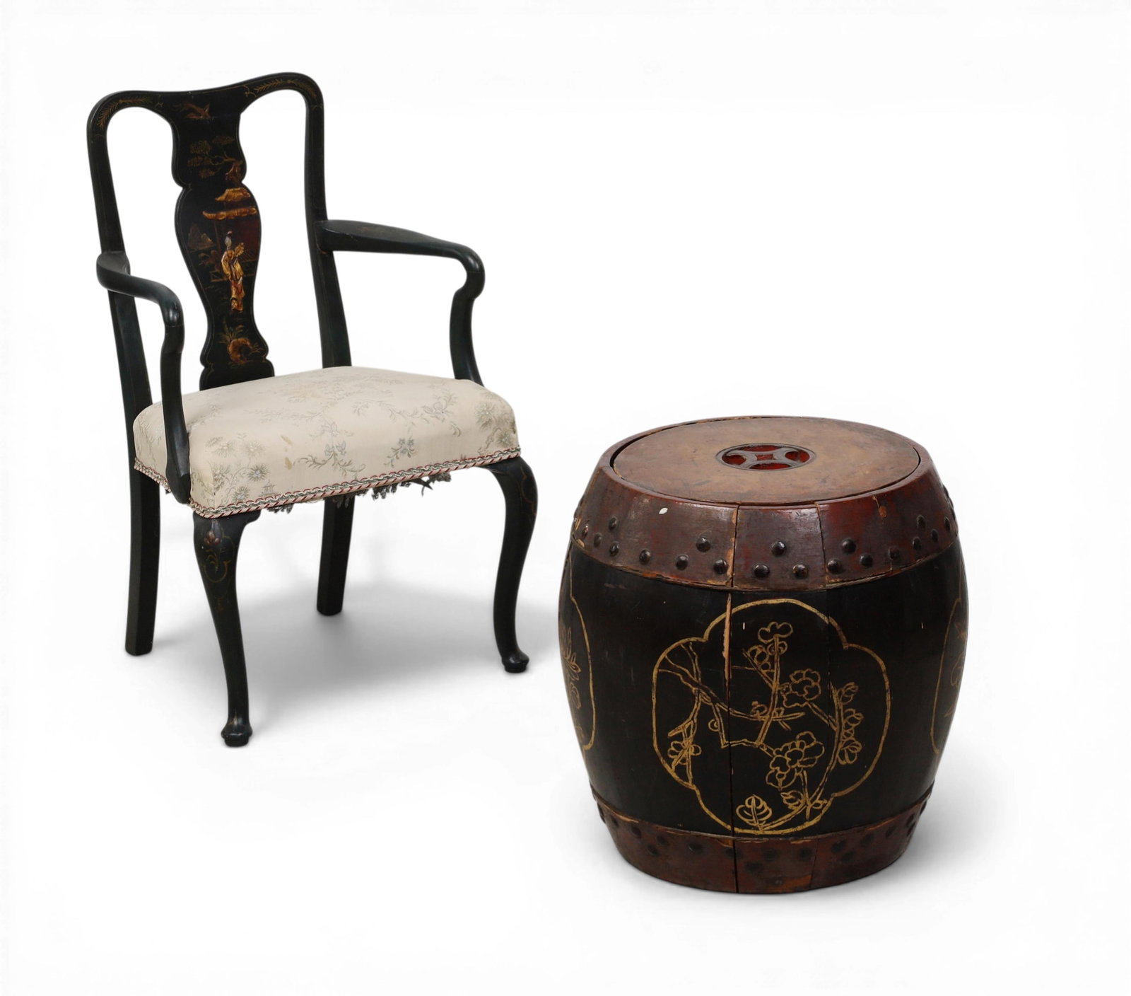 A Chinese barrel together with a chinoiserie decorated childs chair: A Chinese barrel together with a chinoiserie decorated childs chair Barrel: height 16 x diameter 14 in. (40.6 x 35.6 cm.)
