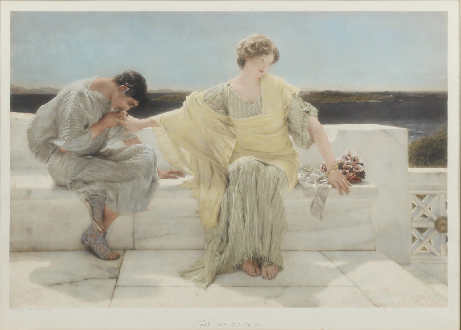 After Sir Lawrence Alma Tadema. O.M., R.A. (British, 1836-1912), Ask me no more, chromo-lithograph: After Sir Lawrence Alma Tadema. O.M., R.A. British 1836-1912 Ask me no more chromo-lithograph on wove paper published by Arthur Tooth & Sons, London, 1906, with their blind stamp to lower left;
