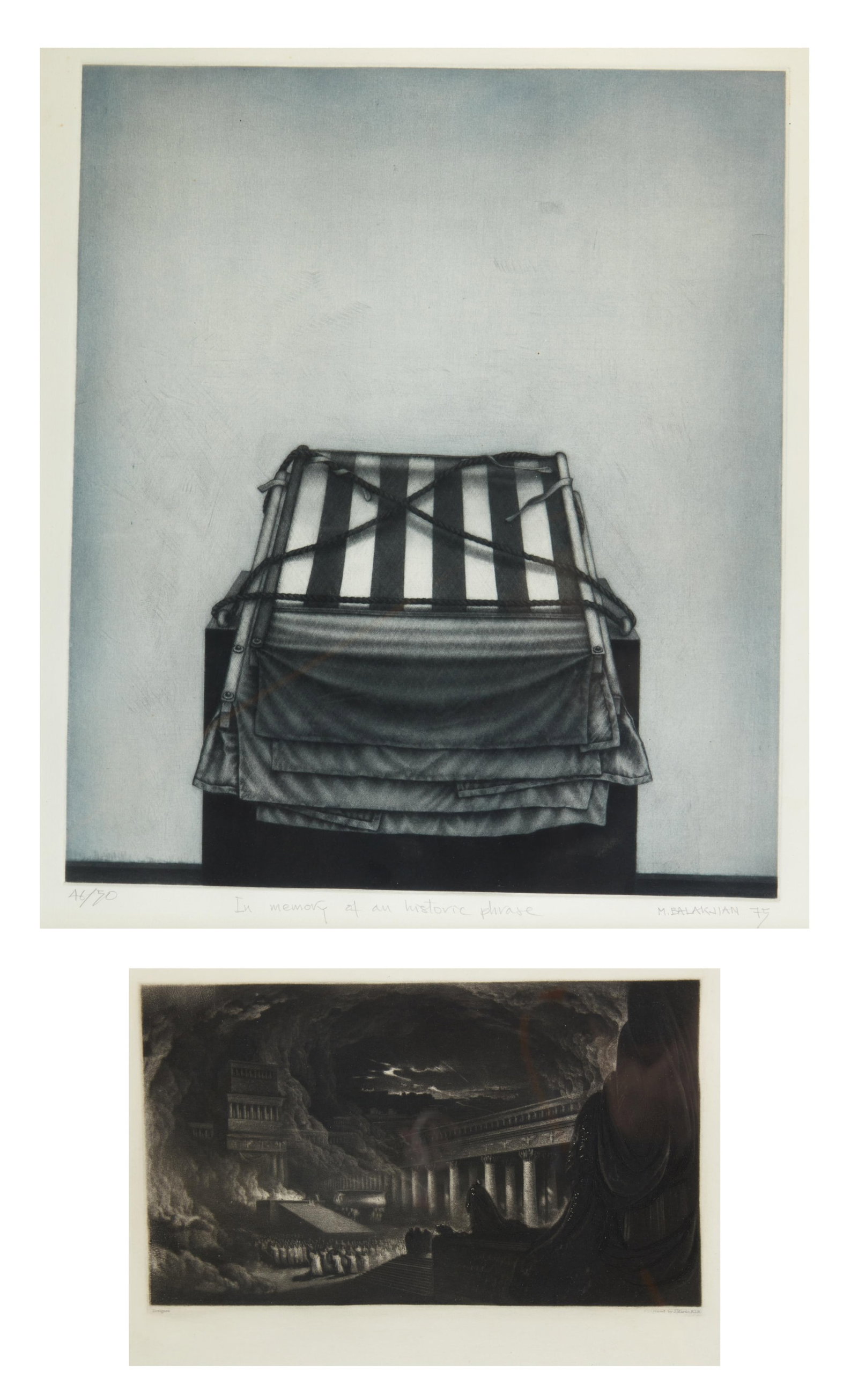 Marc Balakjian and John Martin: an etching and a mezzotint (2): Marc Balakjian and John Martin: an etching and a mezzotint (2) lot includes two prints: 1. Marc Balakjian (British1940-)In Memory of an Historic Phrase, 1975 editioned 46/50, titled, signed, and