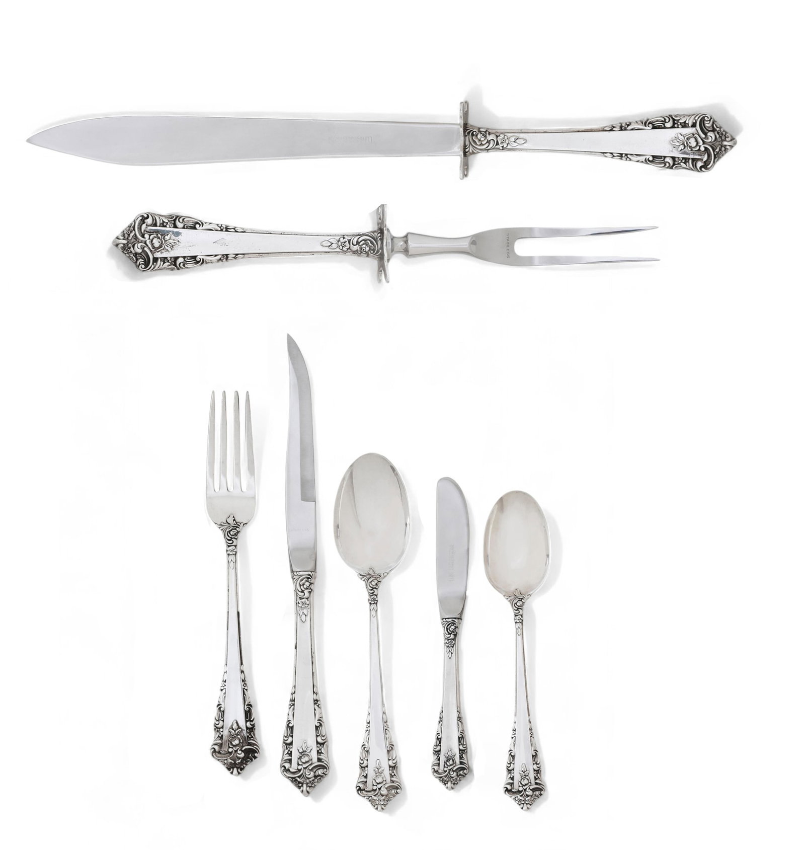 A Lunt sterling silver Rondelay part flatware service, second half 20th century, total weighable: A Lunt sterling silver Rondelay part flatware service second half 20th century total weighable silver 901 grams Comprising 7 dinner forks, 7 steak knives, 8 oval bowl soup/dessert spoons, 8 butter