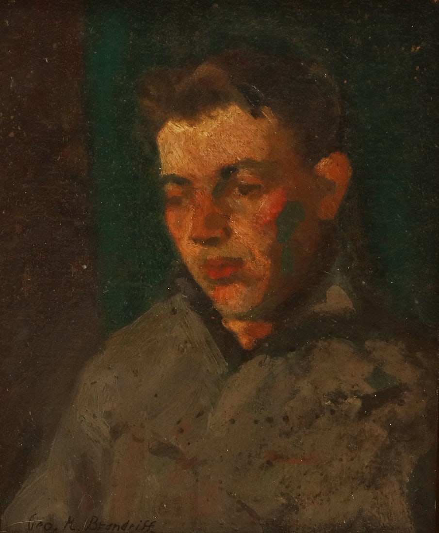 Manner of George Kennedy Brandriff (American, 1890-1936), Portrait of a young man, oil on board, 11: Manner of George Kennedy Brandriff American 1890-1936 Portrait of a young man oil on board signed lower left 11 1/2 x 9 1/2in (29 x 24cm) Provenance: Property from a Private Collection, Long Beach,