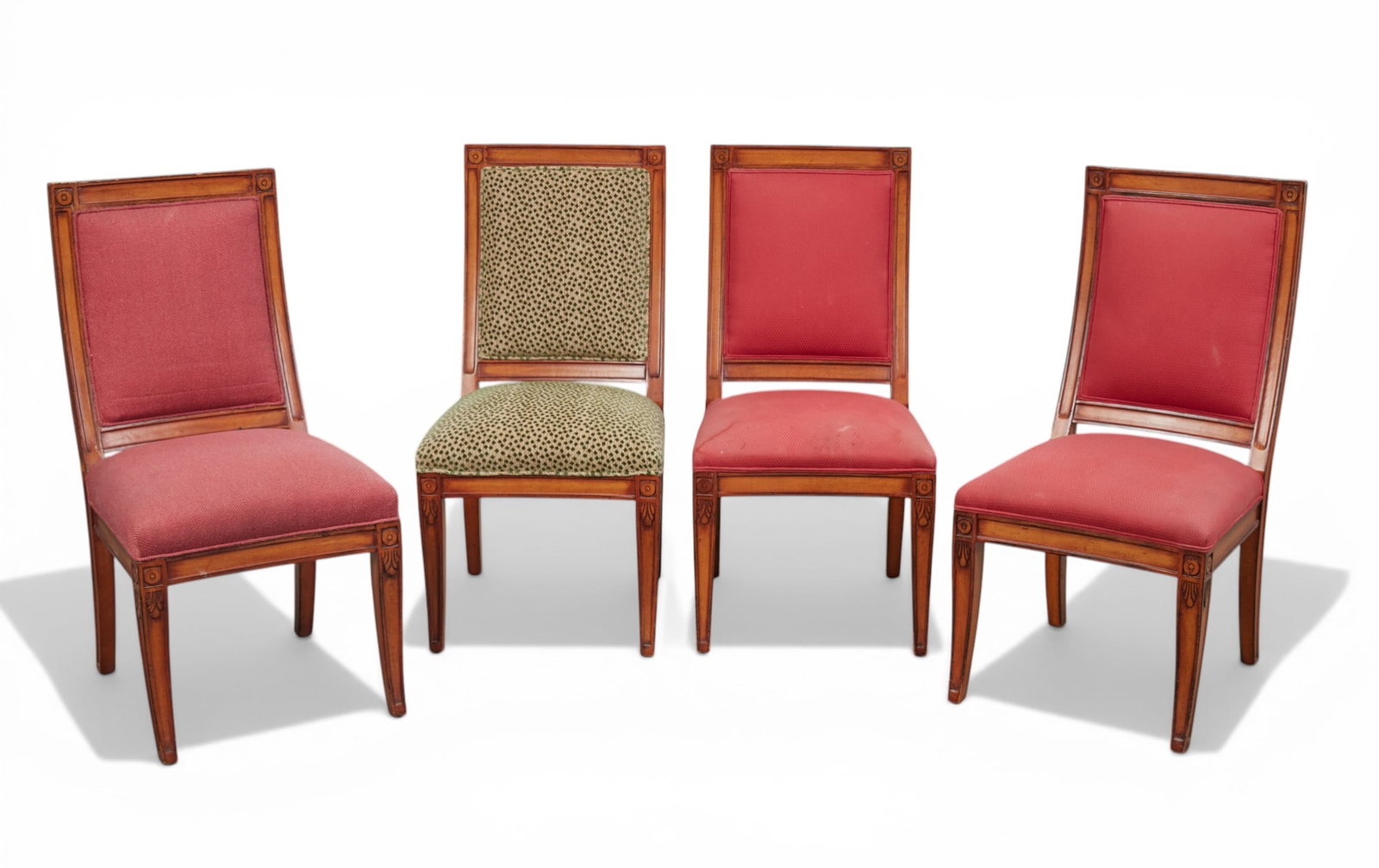 A set of four Empire style stained beechwood side chairs, modern: A set of four Empire style stained beechwood side chairs modern Variations to upholstery. height 38 1/4in (97cm); width 19 1/2in (50cm); depth of seat 18in (46cm)