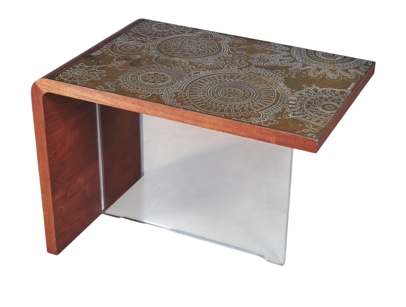 A coffee table with acrylic base, signed Greenamyer, , table with acrylic base., signed greenamyer: A coffee table with acrylic base signed Greenamyer table with acrylic base. signed greenamyer signatured inscribed to top height 22 x width 31 x depth 20 in. (55.9 x 78.7 x 50.8 cm.)