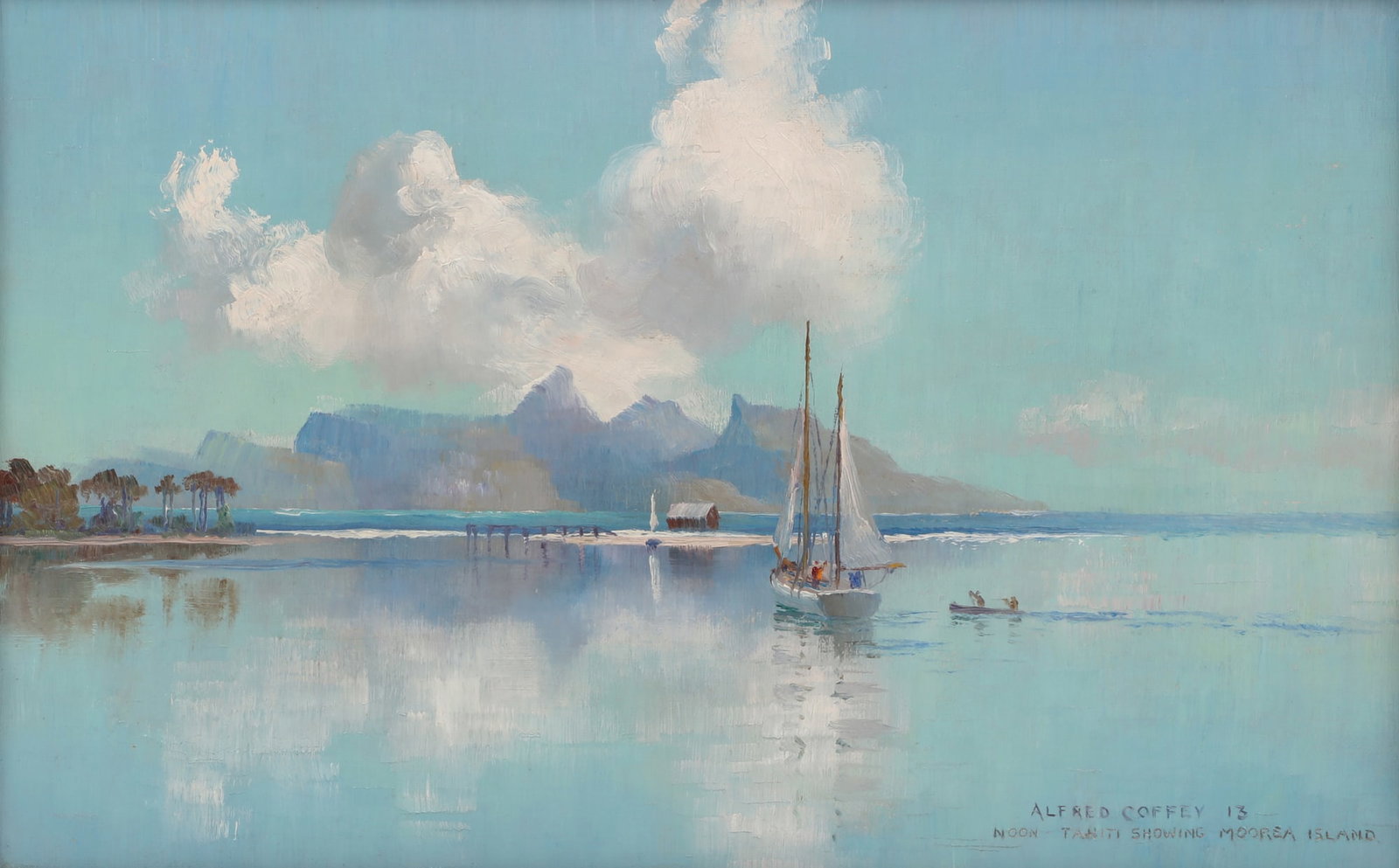 Alfred Coffey (Australian, 1859-1950), Noon-Tahiti showing Moorea Island, oil on canvas, 8 3/4 x 13 (1 of 4)