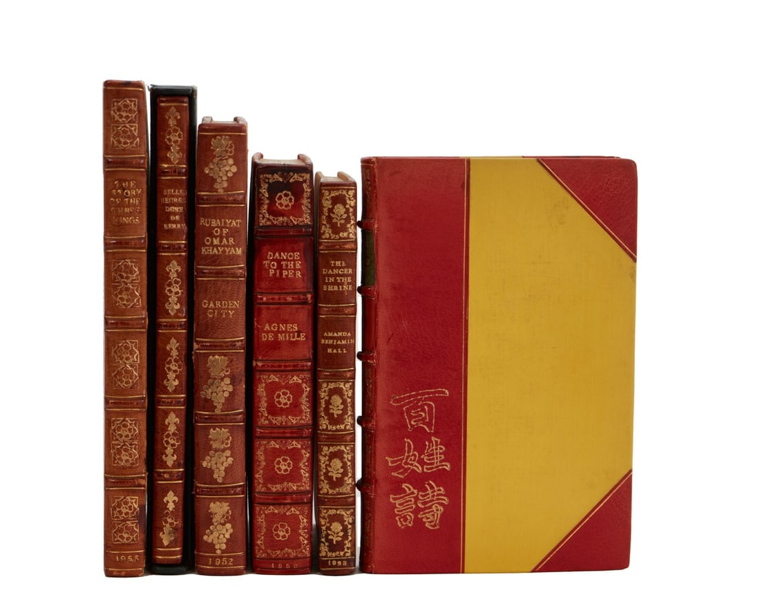 A group of six leather bound books, all gift inscribed from Clara and Willie (W.H. French) to Mitzi (1 of 4)