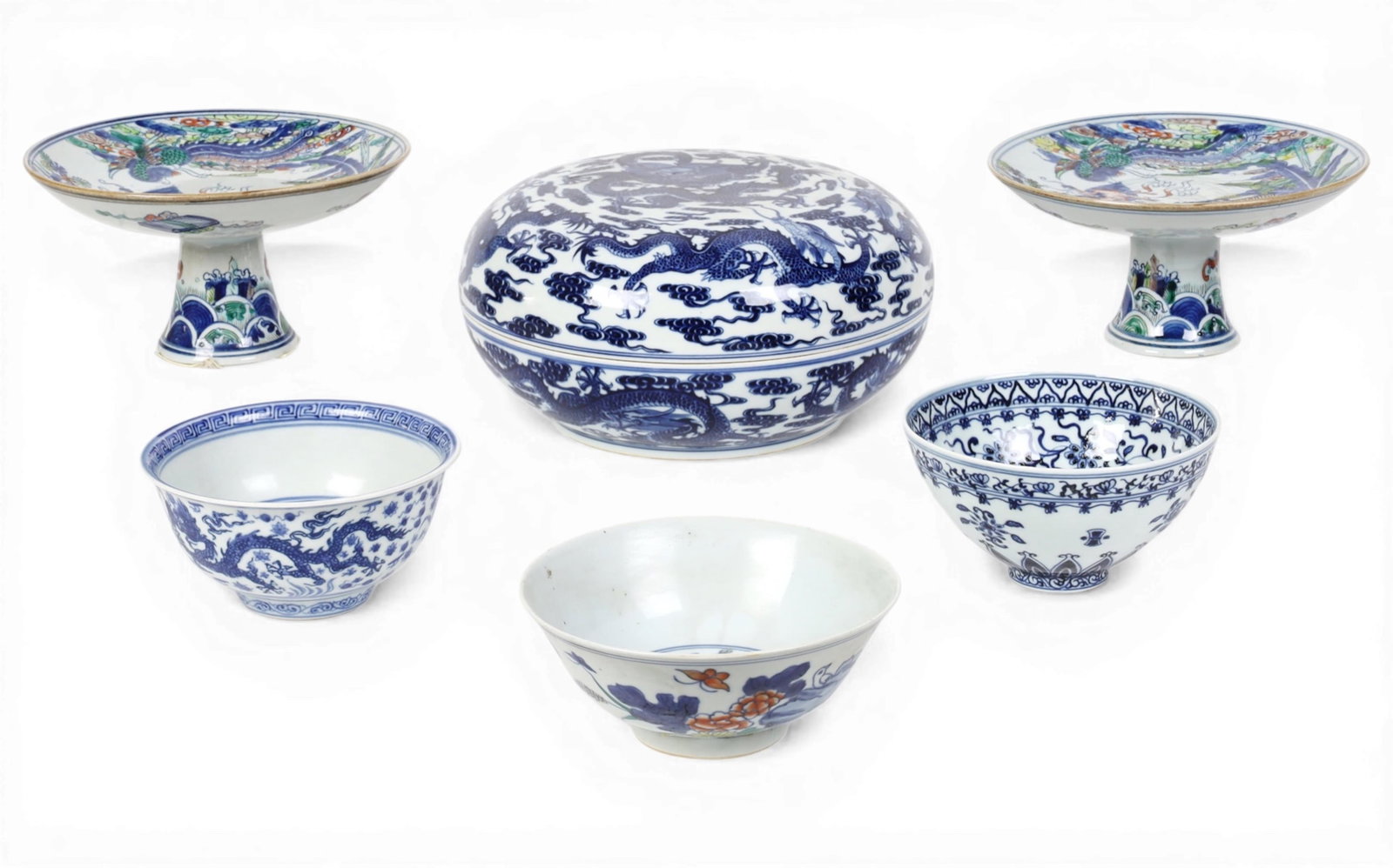 A group of three Chinese bowls together with pair of pedestal dishes and a covered box (1 of 10)