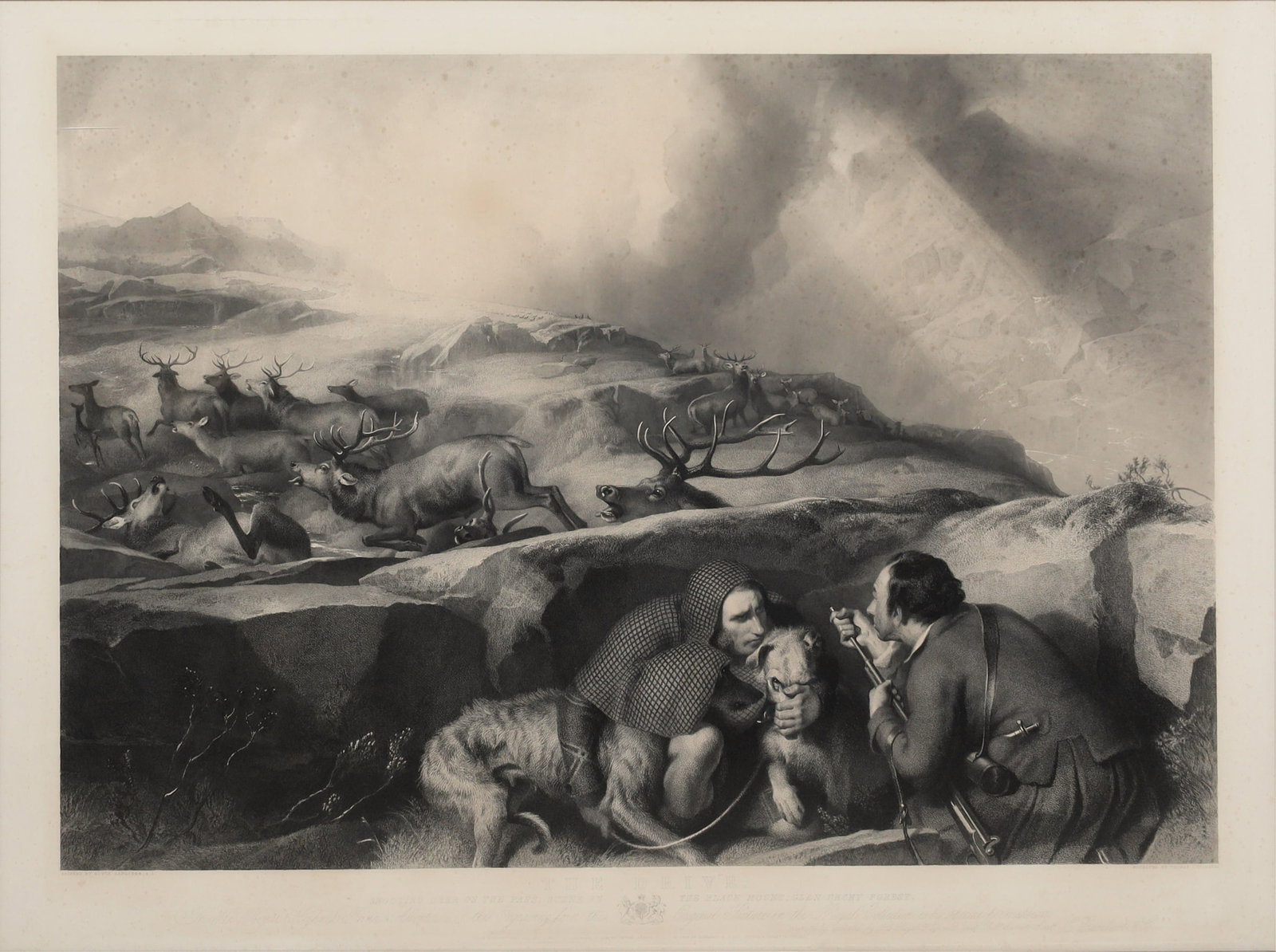 After Sir Edwin Henry Landseer R.A. (British, 1795-1880), The Drive: Shooting deer on the pass;: After Sir Edwin Henry Landseer R.A. British 1795-1880 The Drive: Shooting deer on the pass; Scene in the Black Mount, Glen-Urchy Forest engraving on wove paper Engraved by Thomas Landseer; printed by