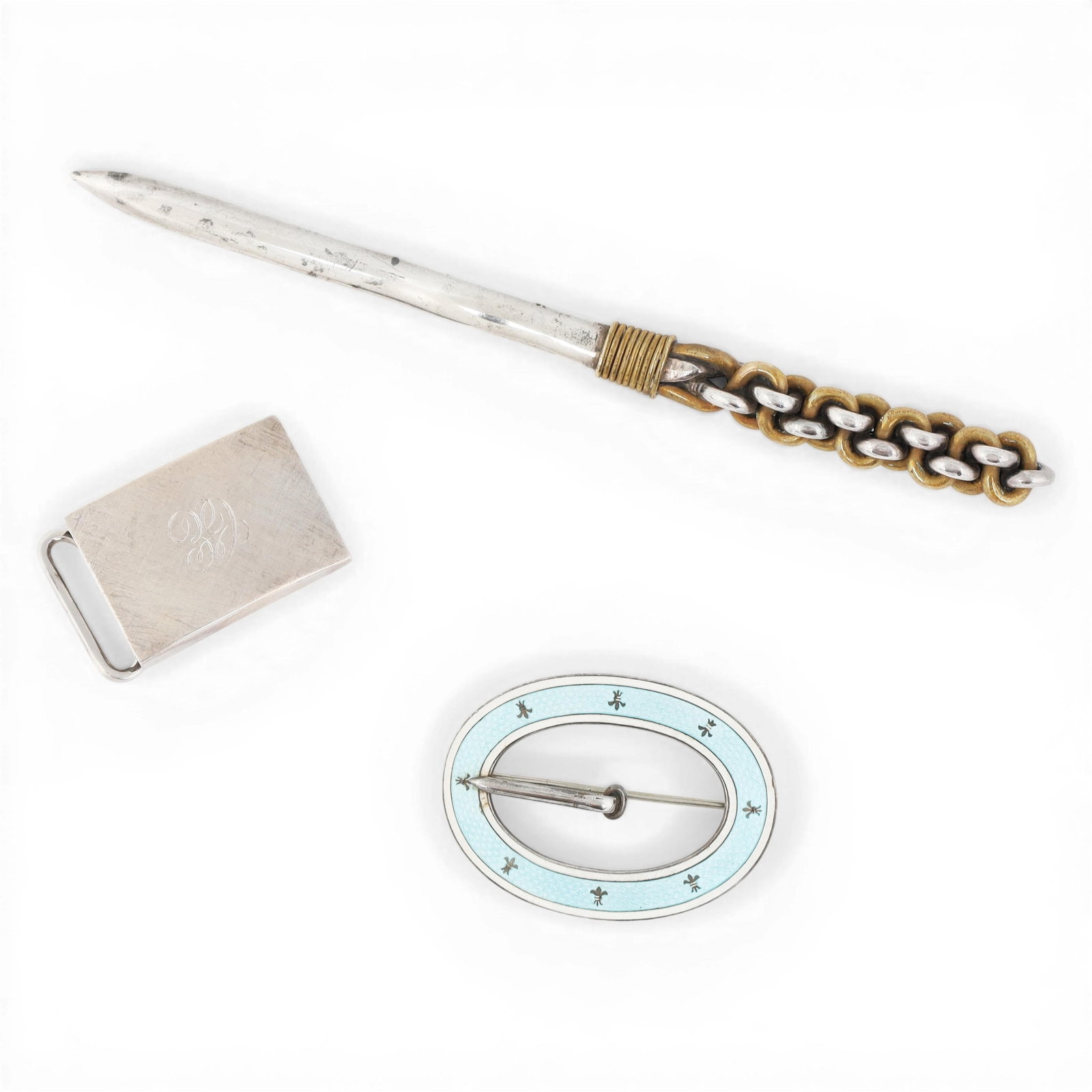 A Mexican Sterling Silver letter opener together with a Sterling and Enamel belt buckle and a (1 of 5)