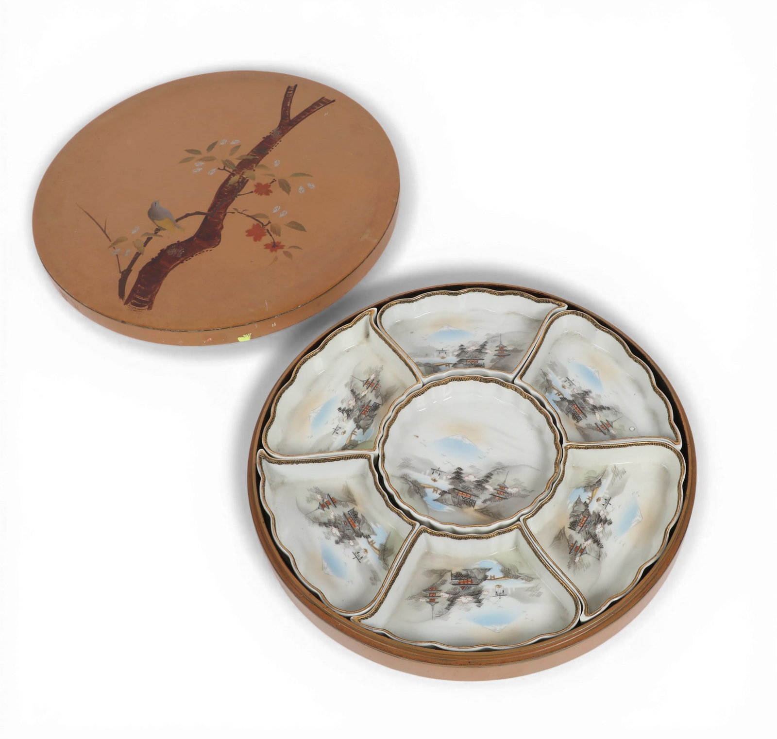 A Japanese lacquered round box with seven piece hand painted porcelain interior (1 of 3)