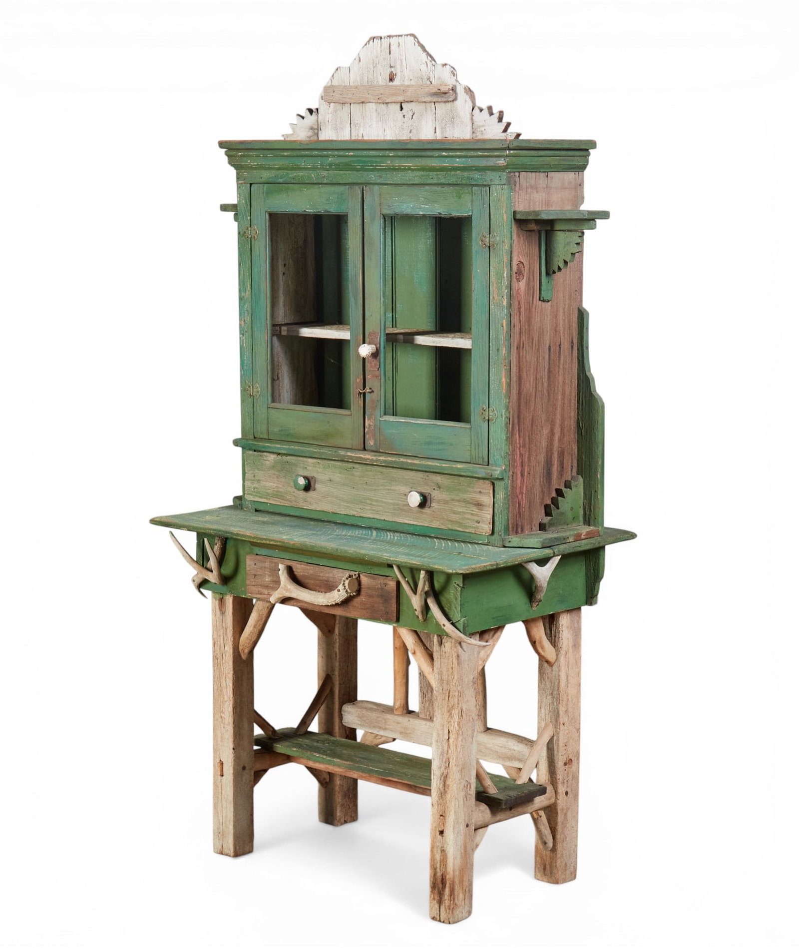 A rustic antler mounted parcel green and white painted hutch, 20th century (1 of 8)