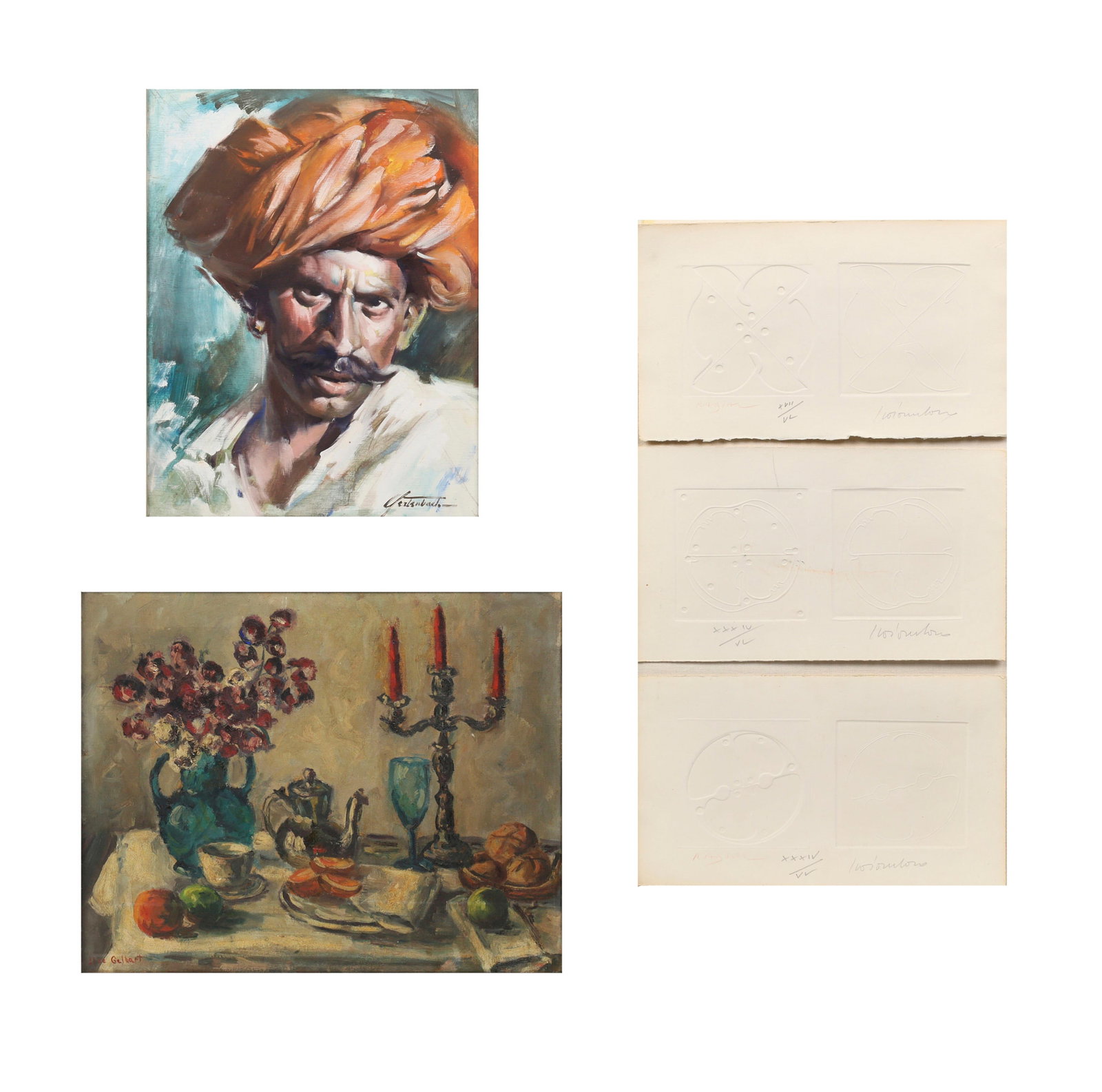 A group of three framed works: A group of three framed works lot includes two oil on canvas; and one embossed print triptych by Gio Pomodoro, numbered and signed. largest: 18 x 14in (46 x 36cm)