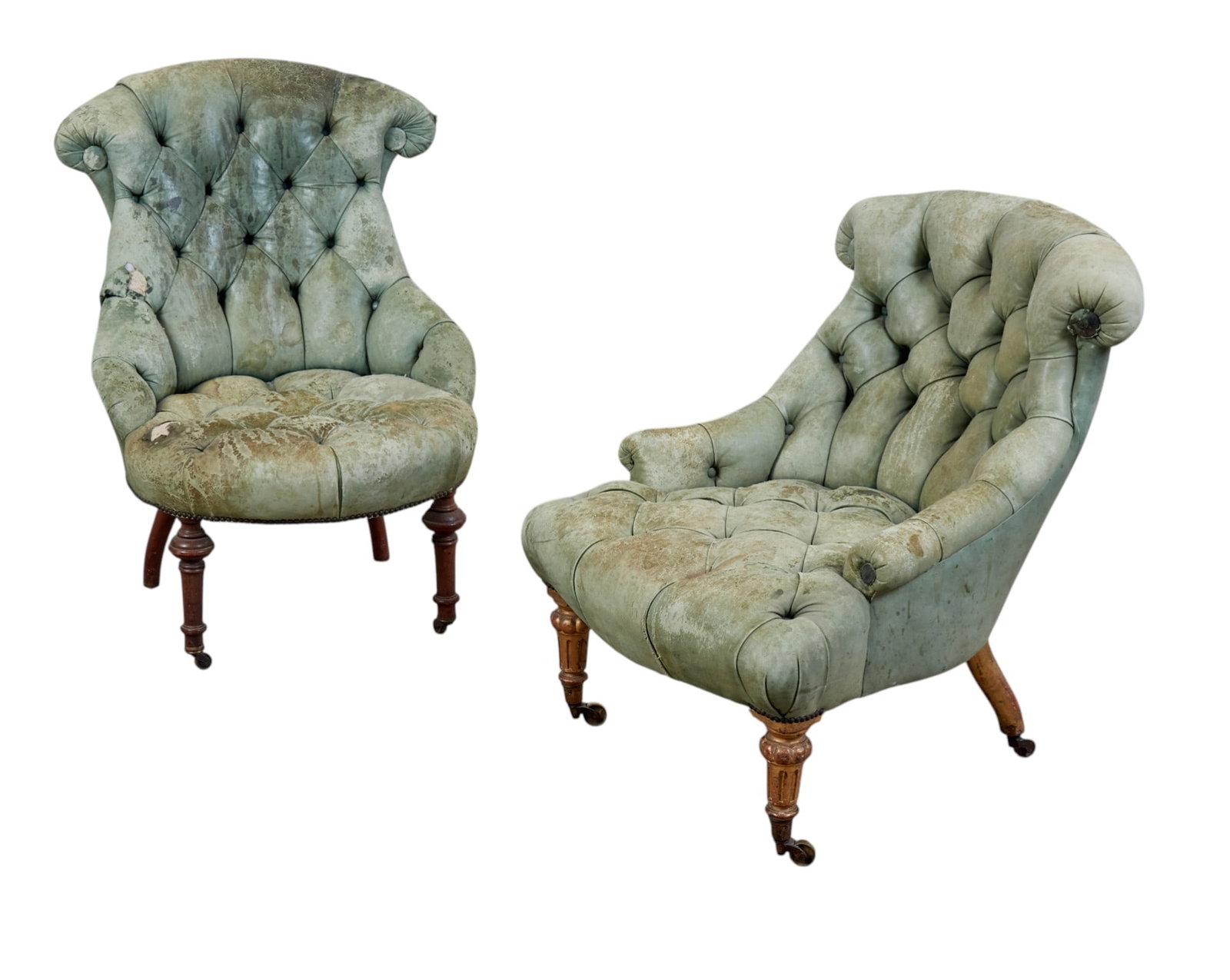 A pair of Edward VII giltwood tufted slipper chairs, early 20th century: A pair of Edward VII giltwood tufted slipper chairs early 20th century Upholstery distressed. height 33in (84cm); width 24in (61cm); depth of seat 16in (41cm)