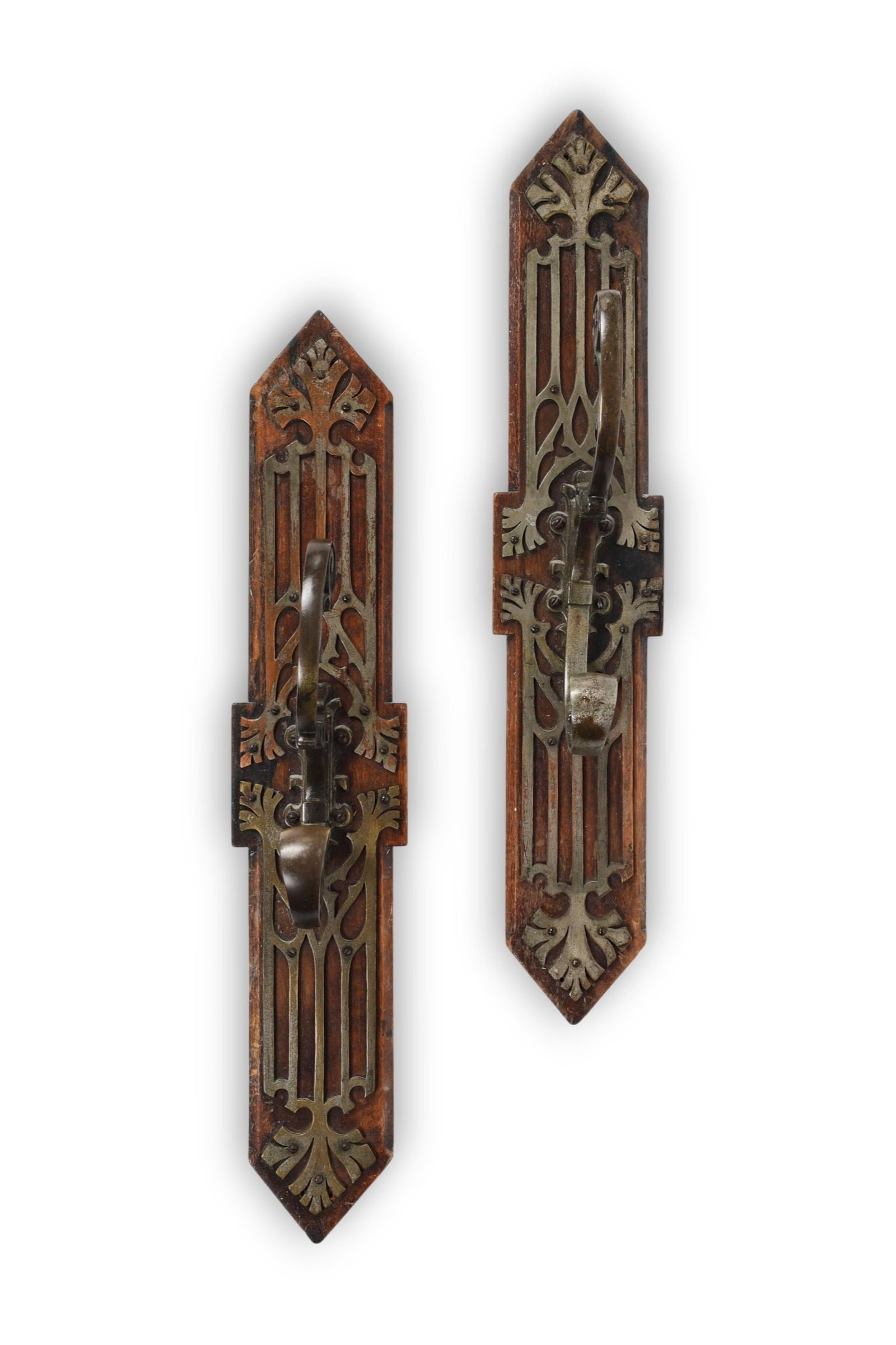 A pair of Gothic style metal mounted oak wall hooks (1 of 5)