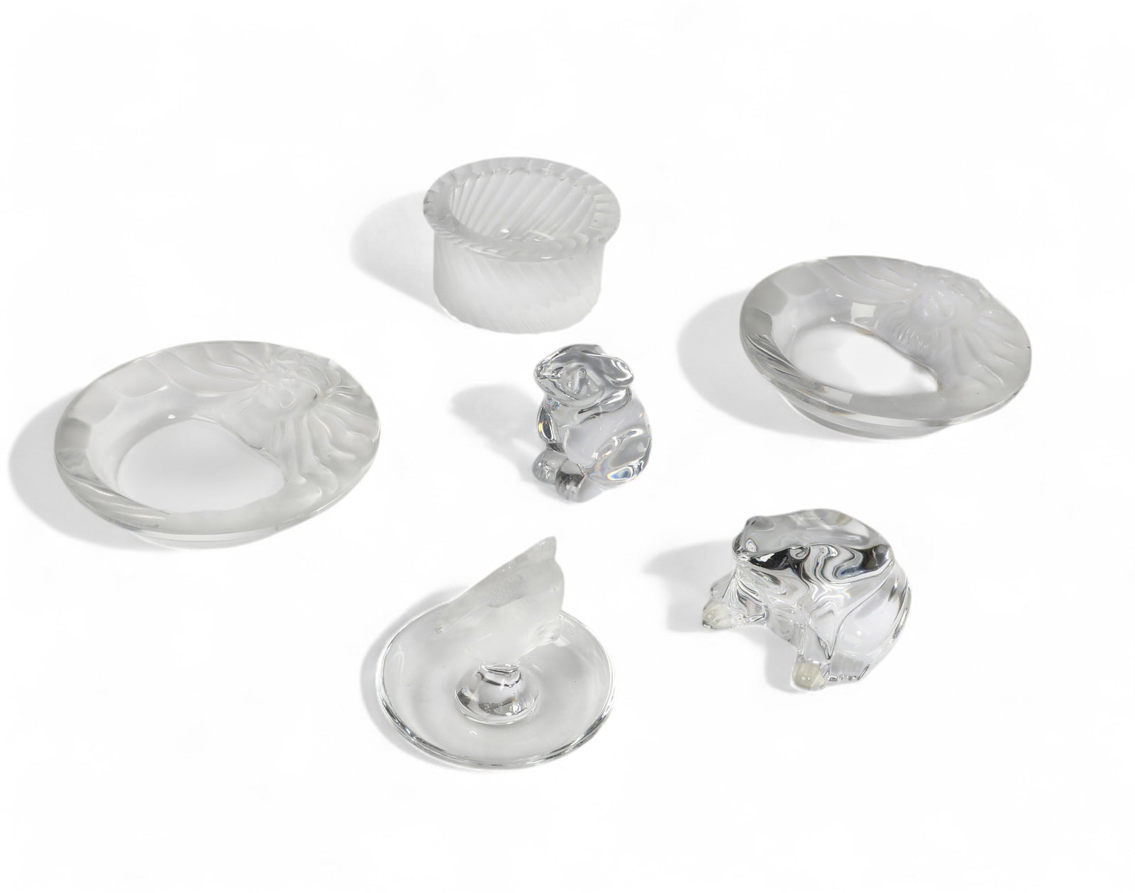 A group of six Lalique and Baccarat clear and frosted glass table articles (1 of 5)