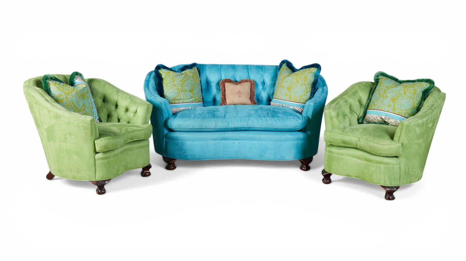 A three piece suede upholstered salon set with associated pillows (1 of 6)