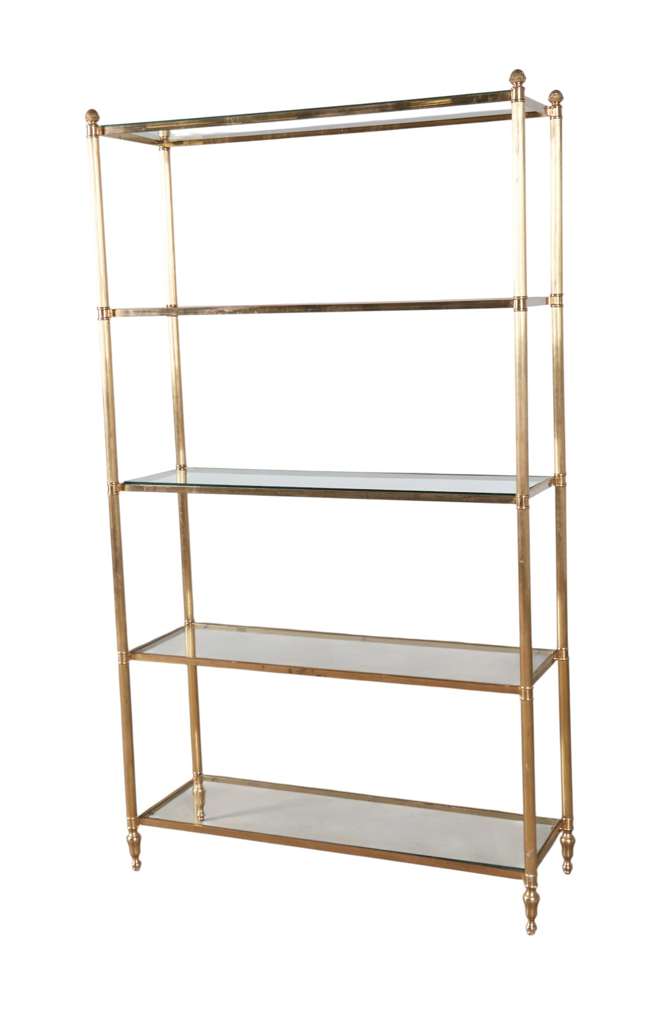 A brass etagere with five glass shelves, one shelf broken (1 of 8)
