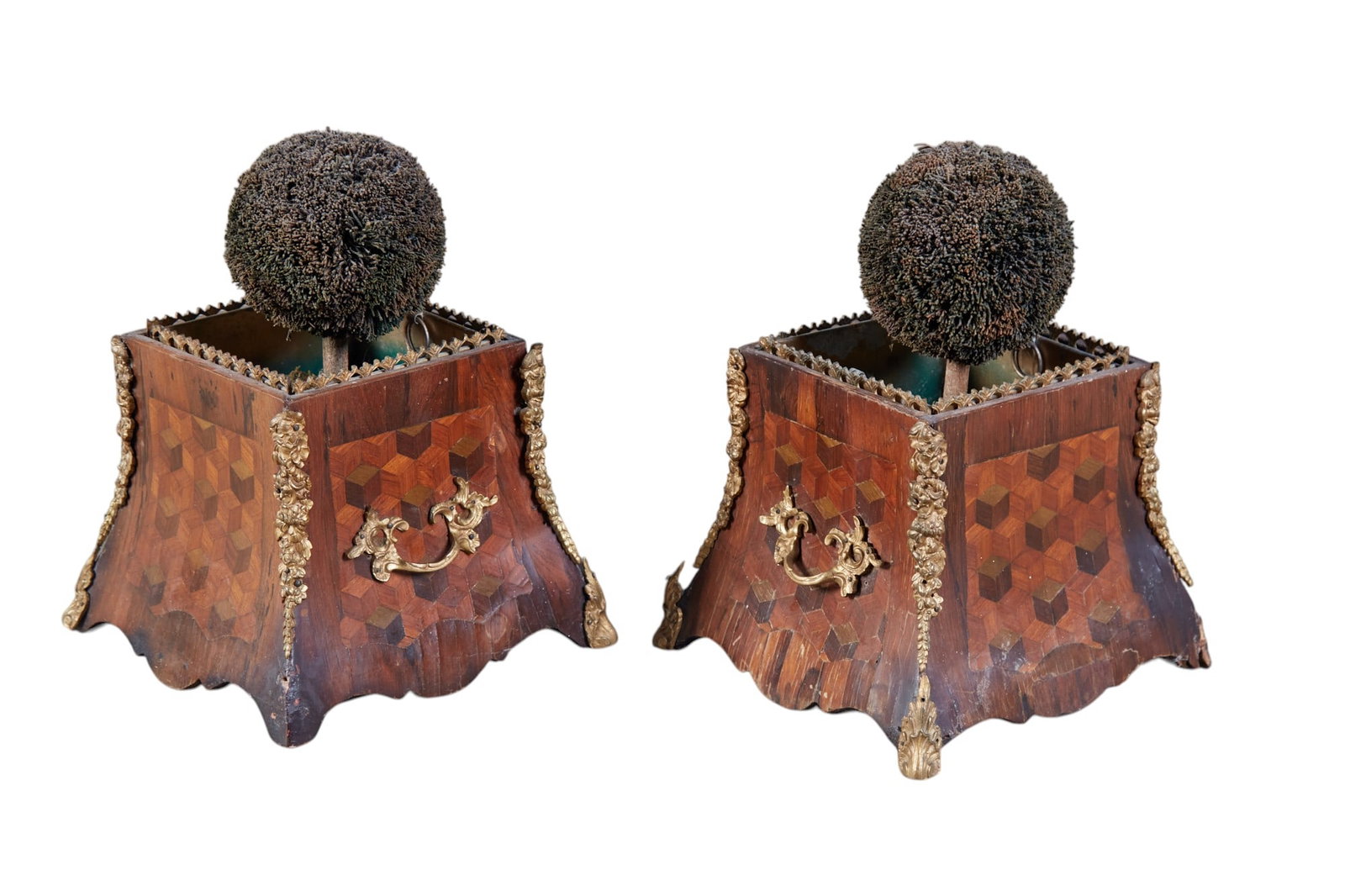 A pair of Antique French jardinieres with marquetry and gilt bronze mounts: A pair of Antique French jardinieres with marquetry and gilt bronze mounts height 8 x width 9 x depth 9 in. (20.3 x 22.9 x 22.9 cm.)