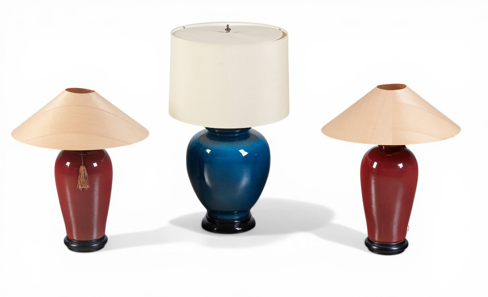 A group of three table lamps with shades: A group of three table lamps with shades Largest: height 31 x diameter 12 in. (78.7 x 30.5 cm.)