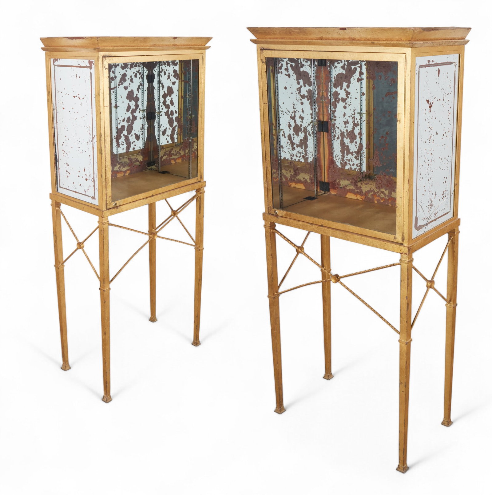 A pair of French gold painted metal and wood and mirrored glass vitrine cabinets (damage to right (1 of 11)