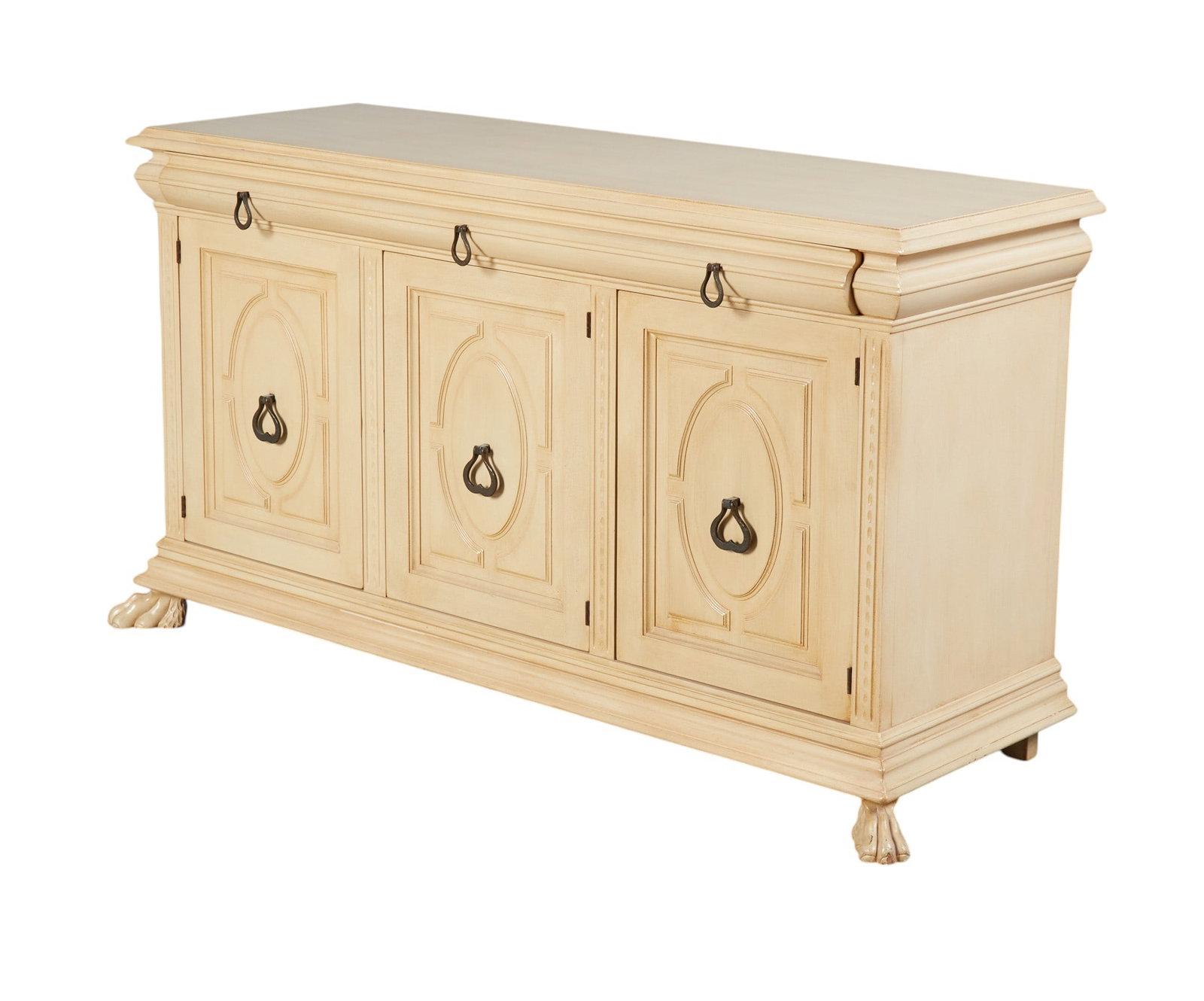 A painted cabinet: A painted cabinet height 36 x width 64 x depth 22 in. (91.4 x 162.6 x 55.9 cm.)
