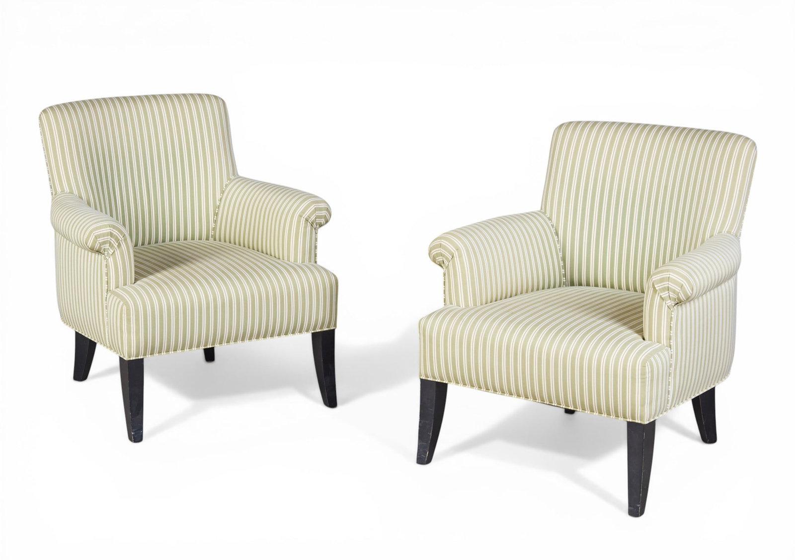 A pair of green upholstered armchairs: A pair of green upholstered armchairs height 34 x width 30 x depth 29 in. (86.4 x 76.2 x 73.7 cm.)