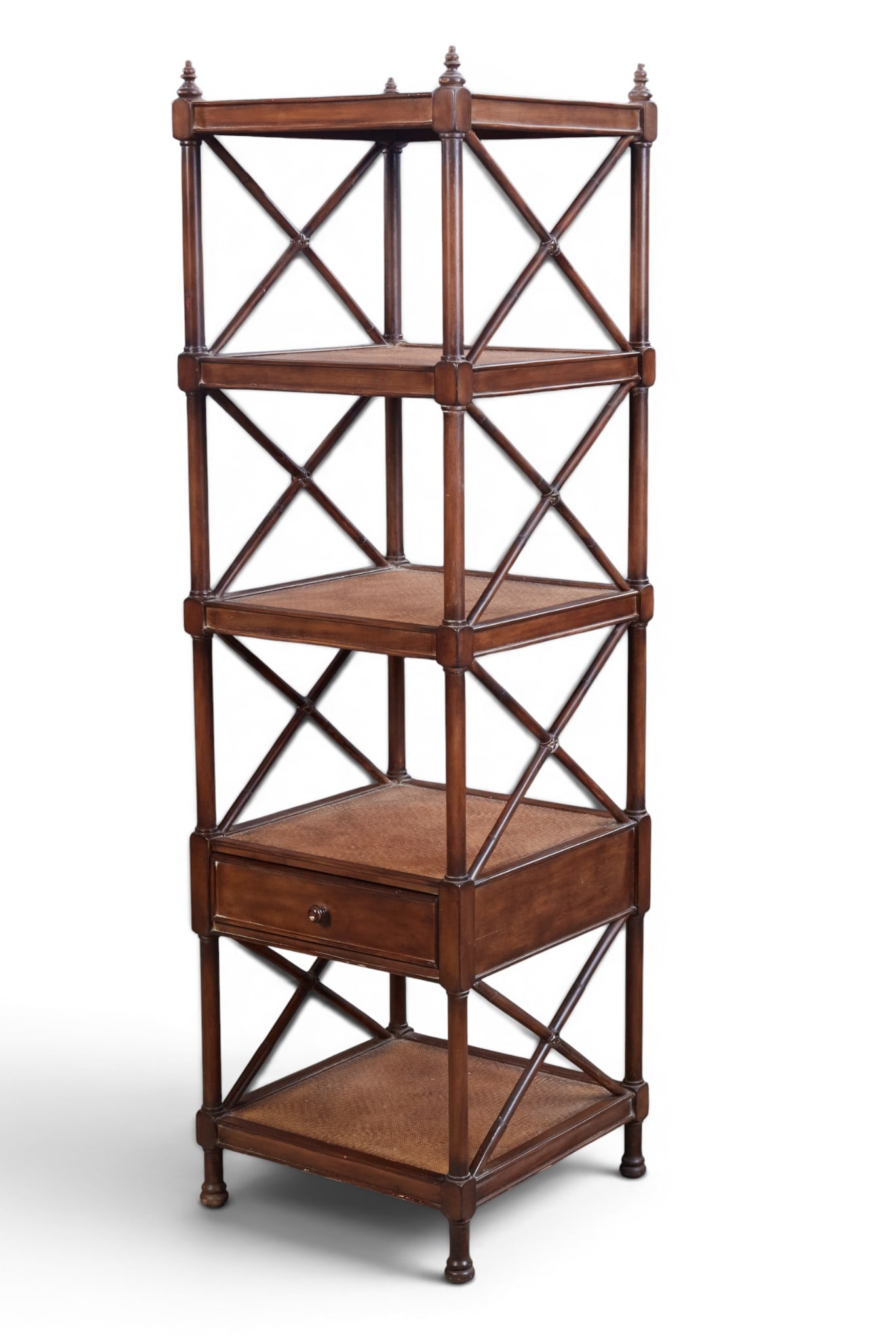 A directoire style etargere bookshelf with drawer: A directoire style etargere bookshelf with drawer height 69 x width 20 x depth 20 in. (175.3 x 50.8 x 50.8 cm.)