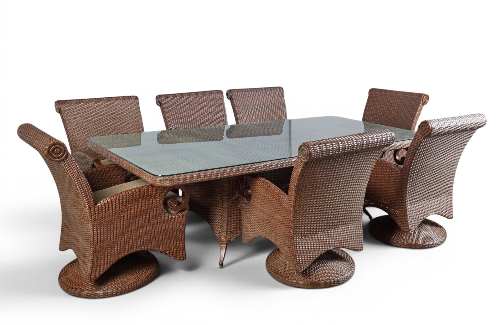 A Cast Classics outdoor dining table with glass top and seven associated chairs: A Cast Classics outdoor dining table with glass top and seven associated chairs table: height 30 x width 96 x depth 48 in. (76.2 x 243.8 x 121.9 cm.)