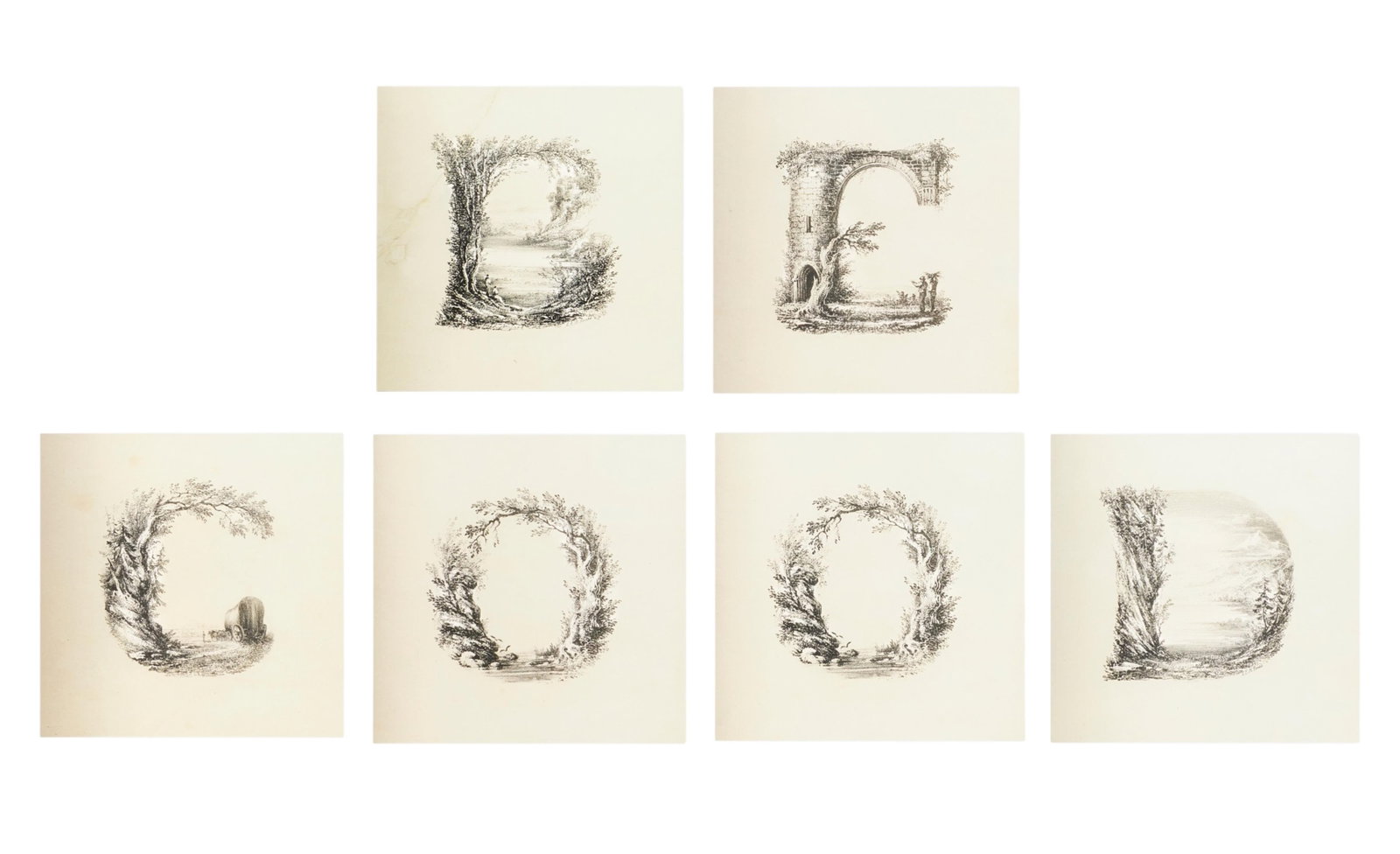 After Charles Joseph Hullmandel (English, 1789-1850), Be Good--from The Landscape Alphabet, six: After Charles Joseph Hullmandel English 1789-1850 Be Good--from The Landscape Alphabet, six reproductions reproductions on wove paper 10 1/2 x 10 1/2in(26 1/2 x 26 1/2cm)